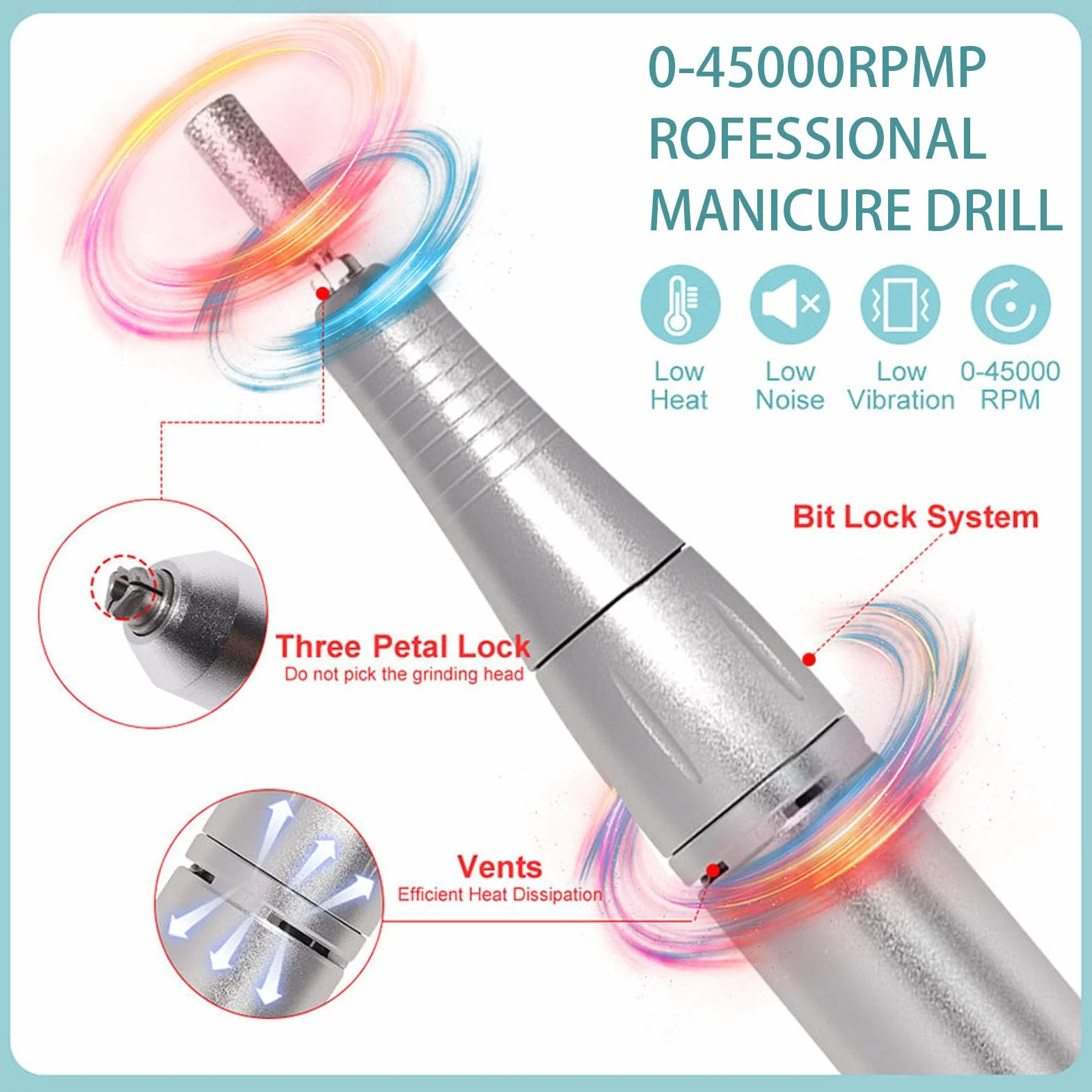 Taladro de Uñas Eléctrico Portátil, Kit de Pedicura de Manicura de Velocidad Recargable de 45000 Rpm, Herramienta de Pulido de Uñas con Múltiples Cabezales de Pulido, para Pulido