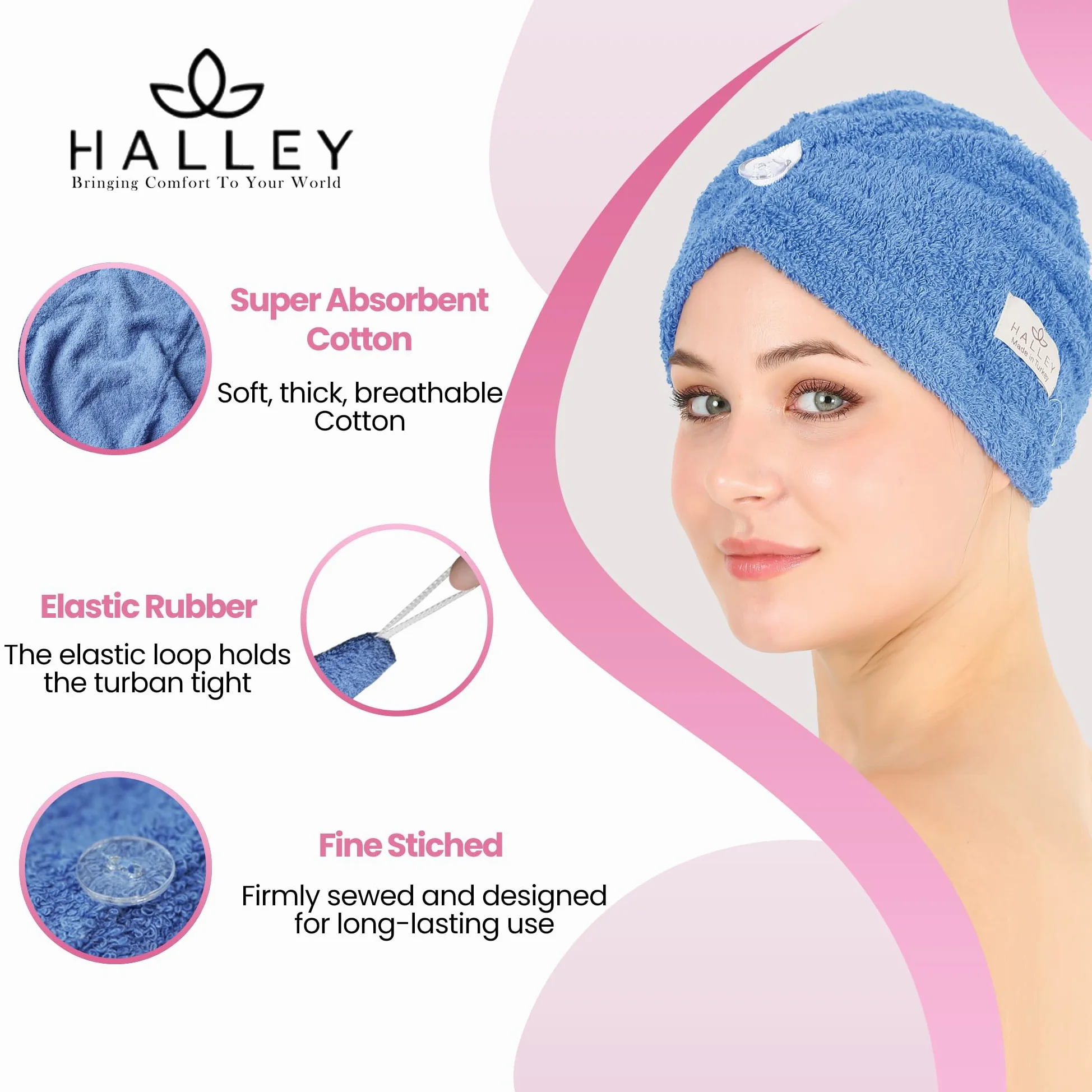HALLEY Toalla de algodón para el cabello, 3 paquetes, súper absorbente, antiencrespamiento, de secado rápido, para cabello rizado, largo y grueso, turbantes para cabello húmedo con botón, toalla para