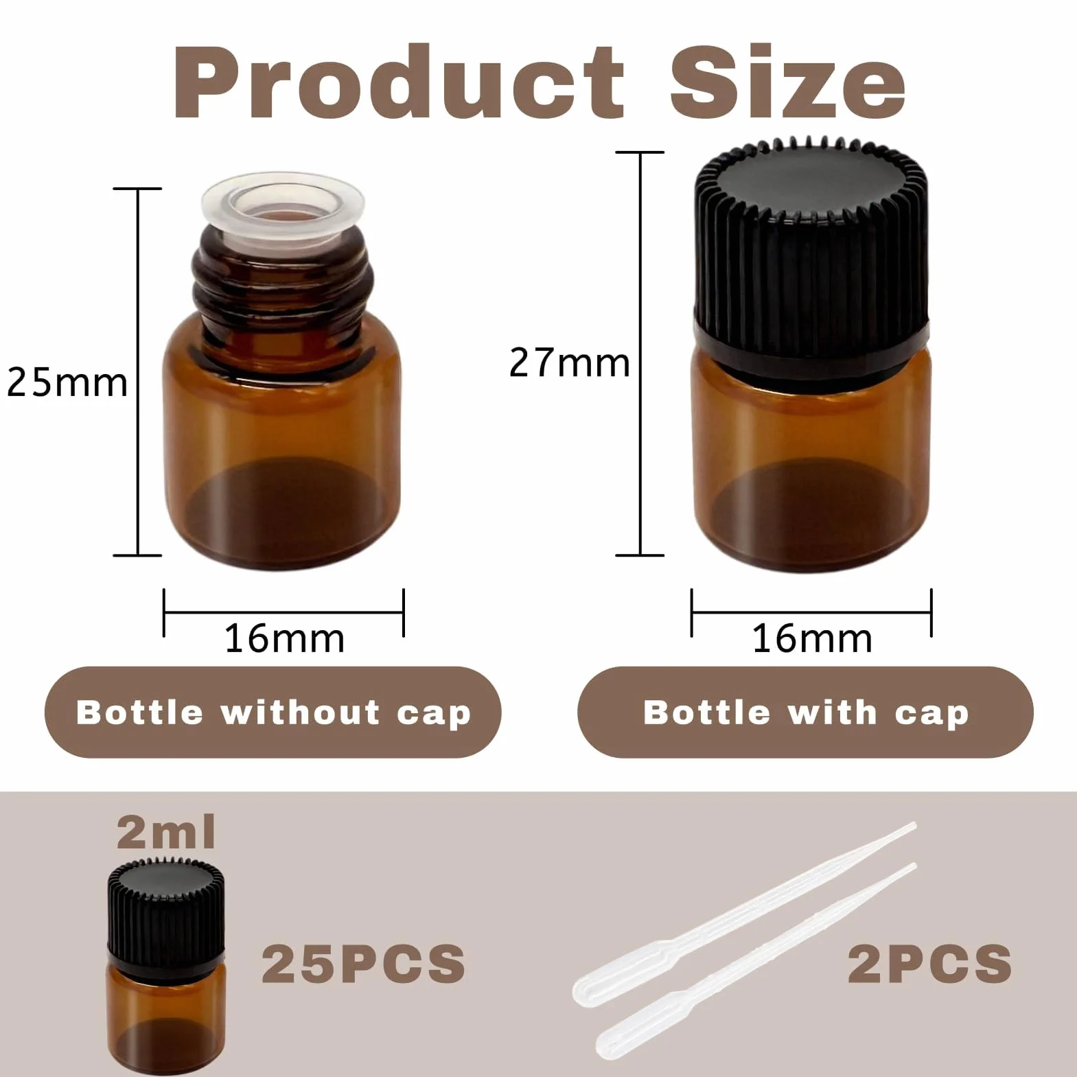 Botellas de Vidrio Marrón 2 ml para Aceites Esenciales con Cuentagotas y Reductores de Orificio