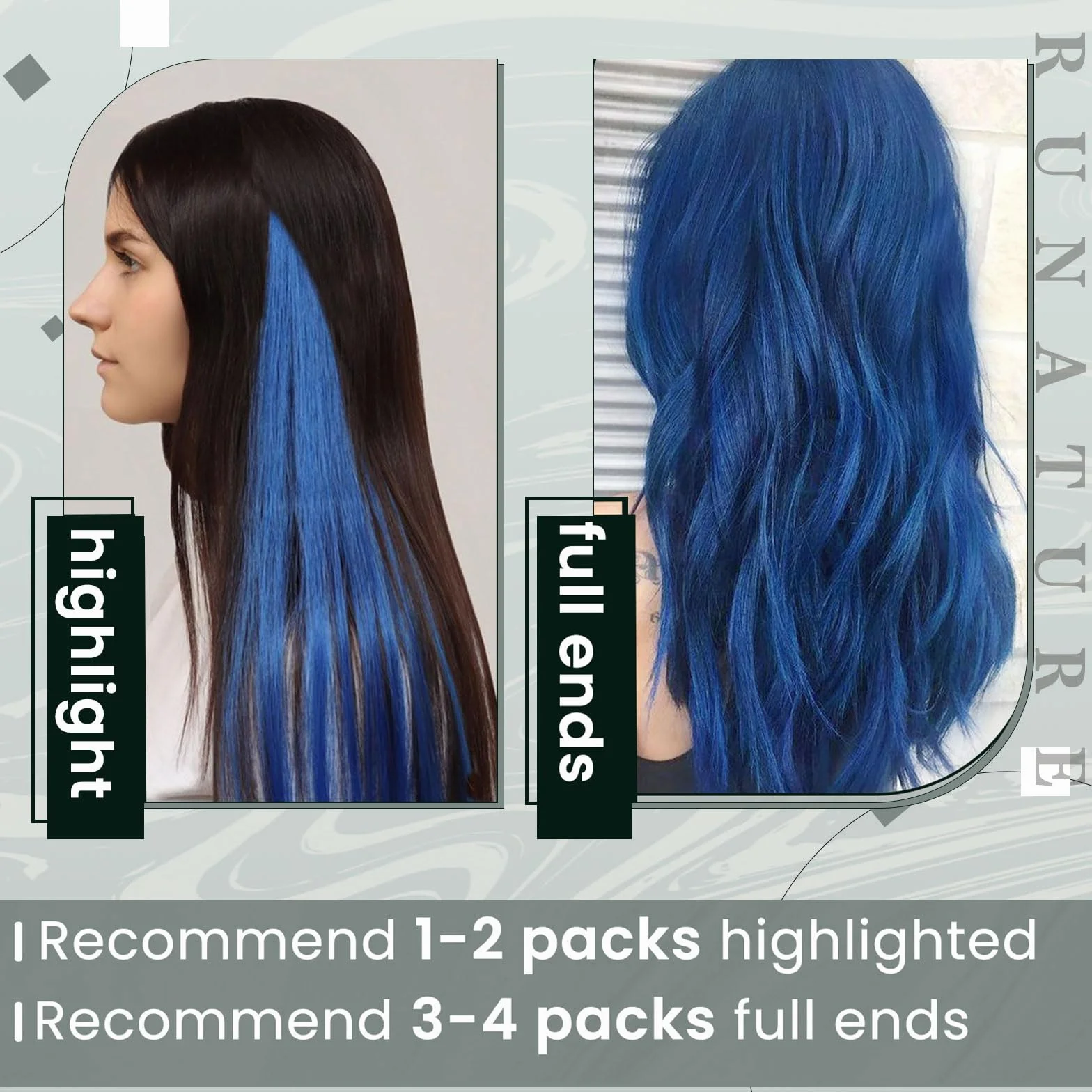 Extensiones de Cabello Colorido Natural Humano 25g 16 Pulgadas Azul RUNATURE 5 Piezas