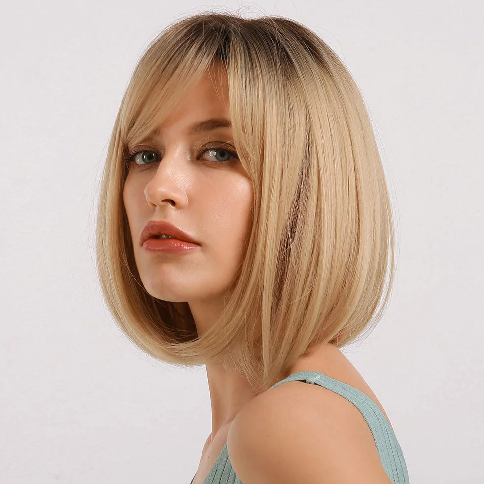 HAIRCUBE Raíz negra con pelo rubio Ombre Corto Bob Peluca Sintética Resistente al Calor 12 Pulgadas