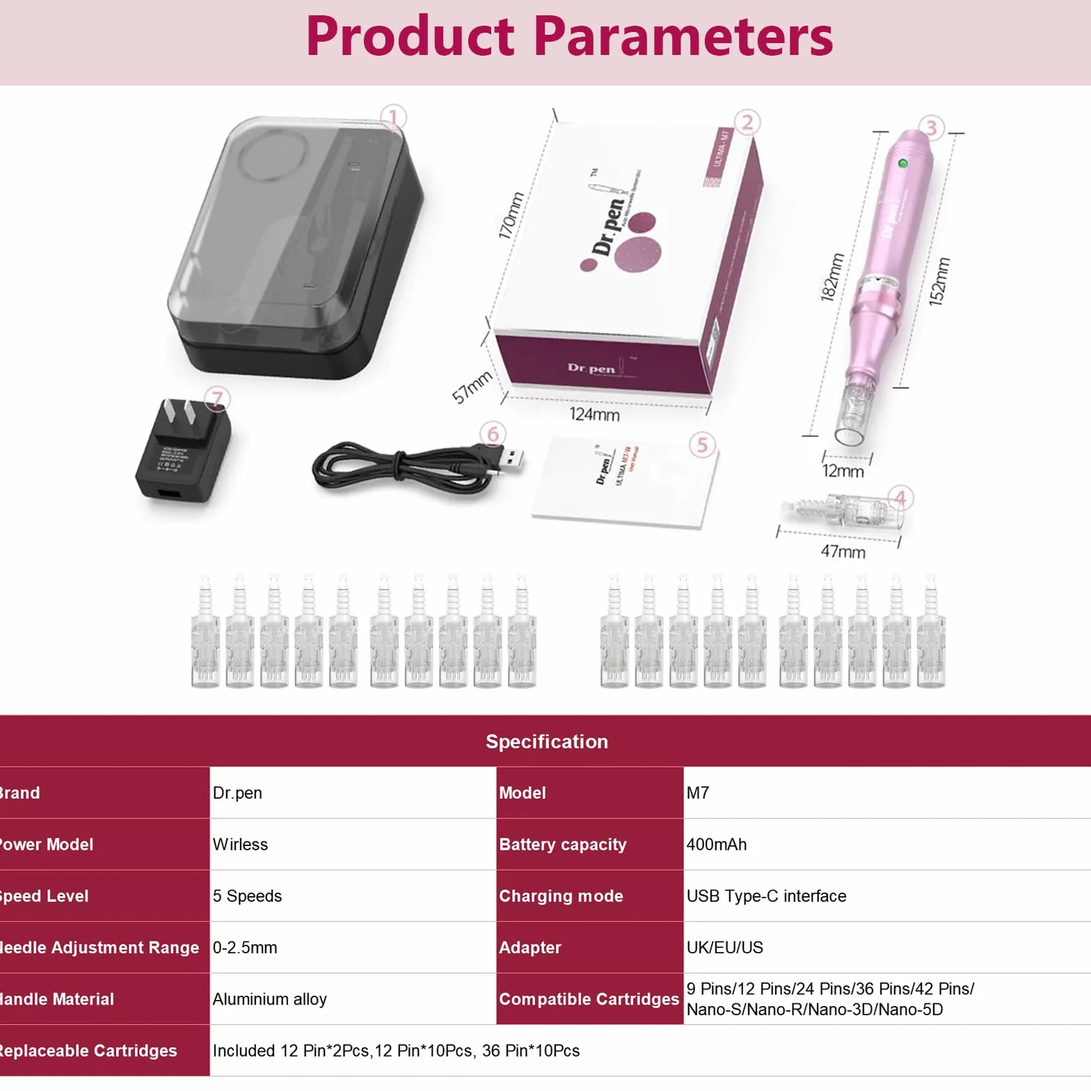 Dr. Pen Ultima M7 Microneedling Inalámbrico Profesional, Microneedle Máquina Eléctrica de Microagujas con 22 Cartuchos de Repuesto, Tratamiento Anti-Envejecimiento, Acné, Arrugas y Pérdida de Cabello