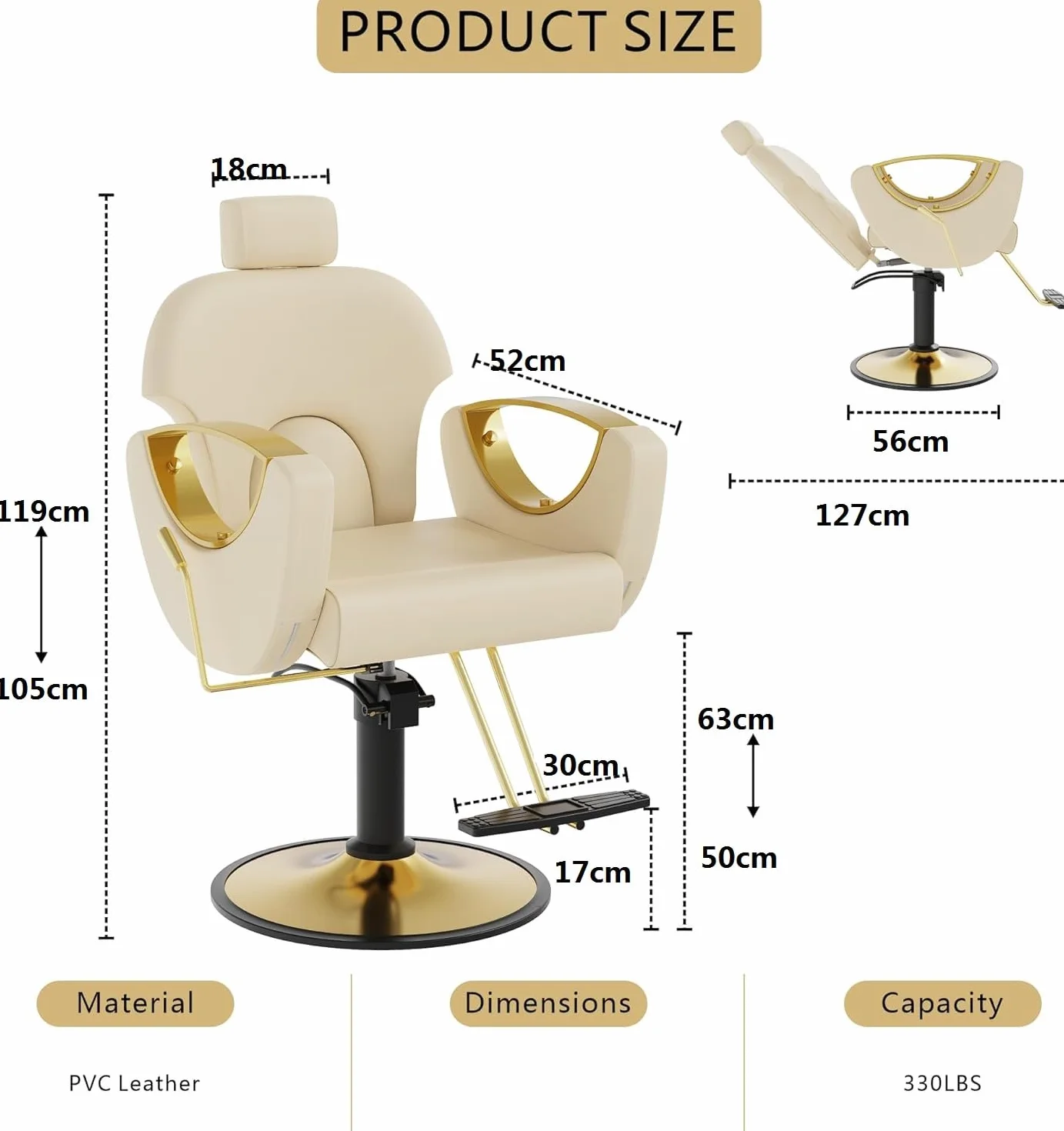 Silla de peluquería profesional giratoria 360° altura regulable reposacabezas ajustable reposapiés carga 150 kg