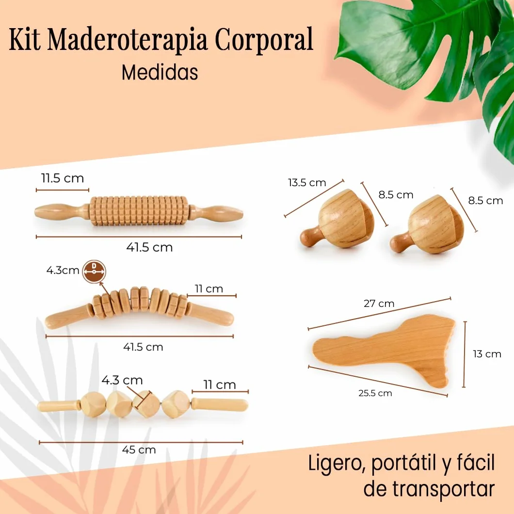 Kit Maderoterapia Anticelulítica | Kit Maderoterapia Corporal | Kit Compuesto de 6 Elementos Fabricados en Madera de Pino y Loto Natural | Diseños Exclusivos Maderoterapia Estética España