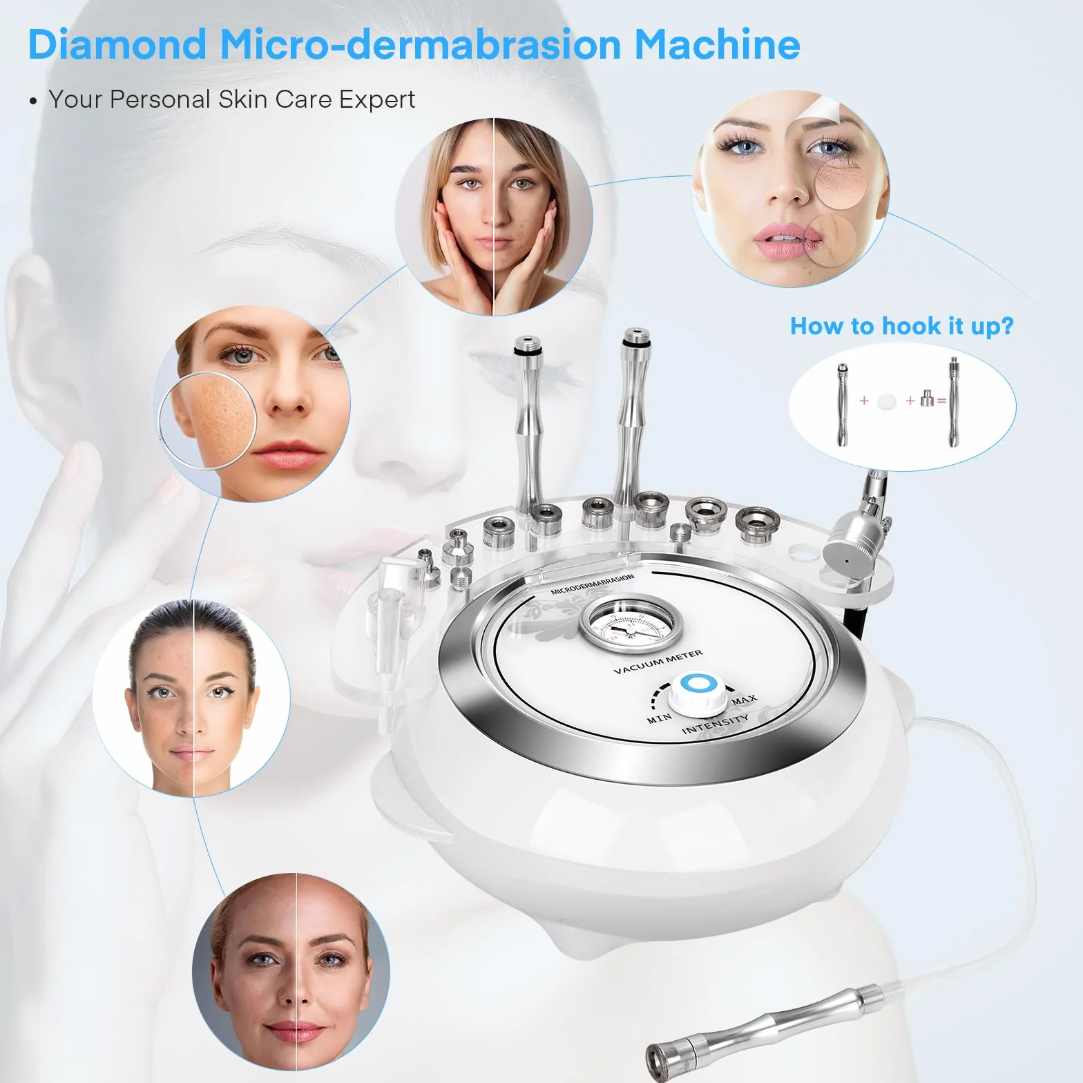 iklestar Máquina de microdermoabrasión 3 en 1 con pistola de pulverización, kit facial profesional de dermoabrasión de diamante para uso personal en el hogar, 65-68 cmHg