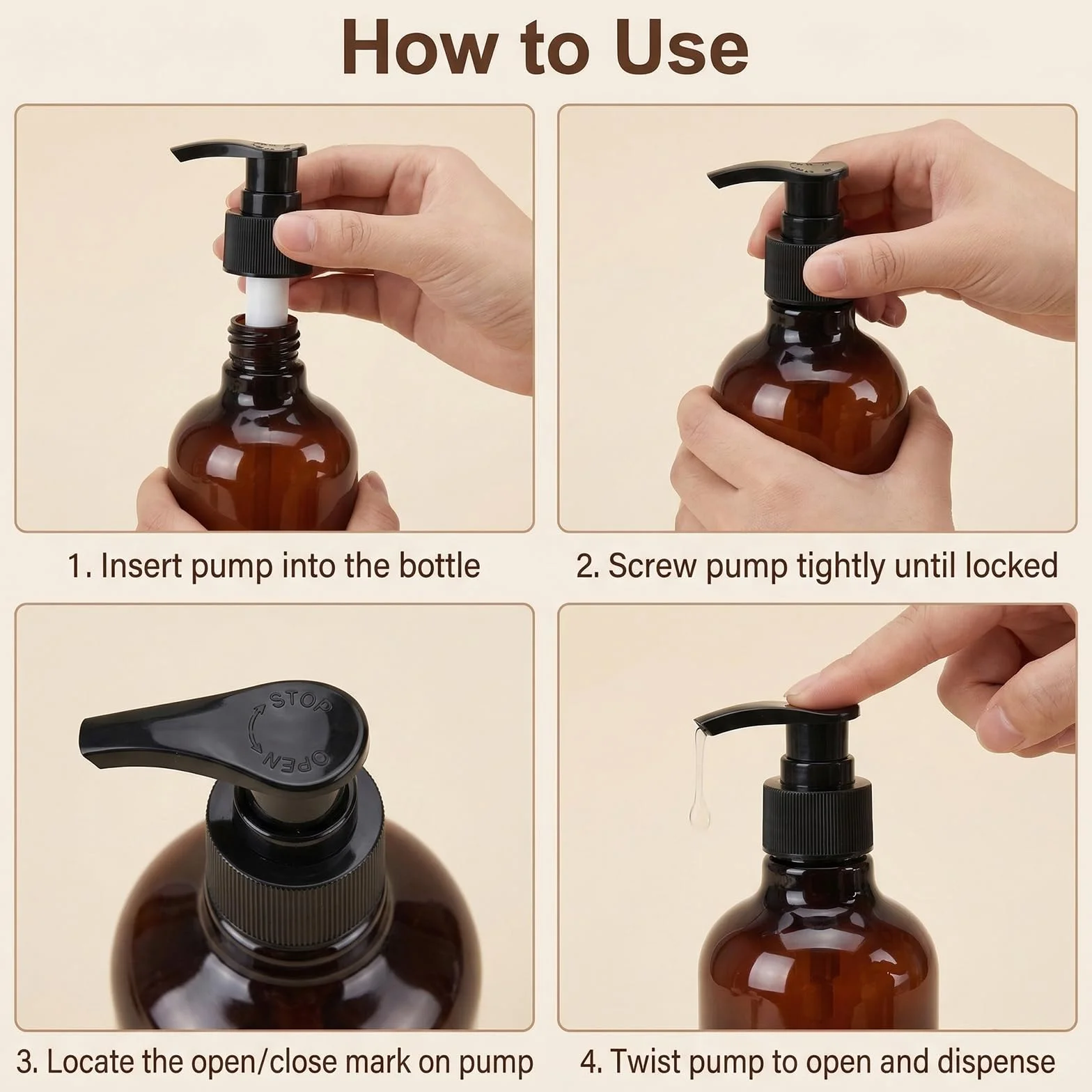 3 Botellas Recargables de plástico de 250ml Color marrón ámbar con Bomba Negra vacía envases de artículos de tocador para champú acondicionador de Pelo Gel de Ducha dispensadores de lociones