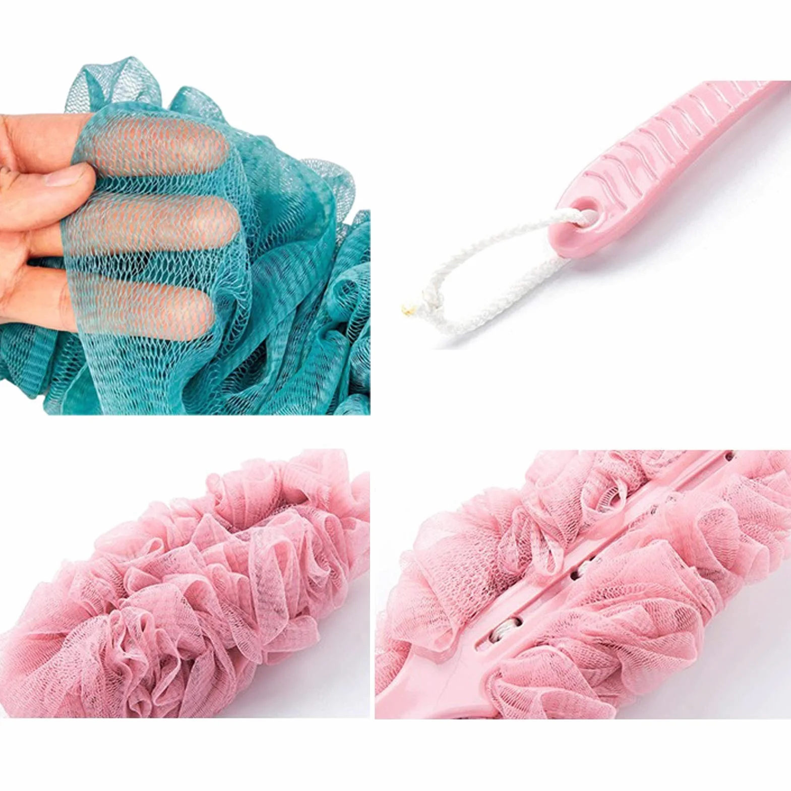 Cepillo de baño - Fregador de espalda para ducha Malla de nailon grande Esponja de baño de mango largo Herramienta de limpieza para frotar la espalda para mujeres y hombres Accesorios de ducha (Colo