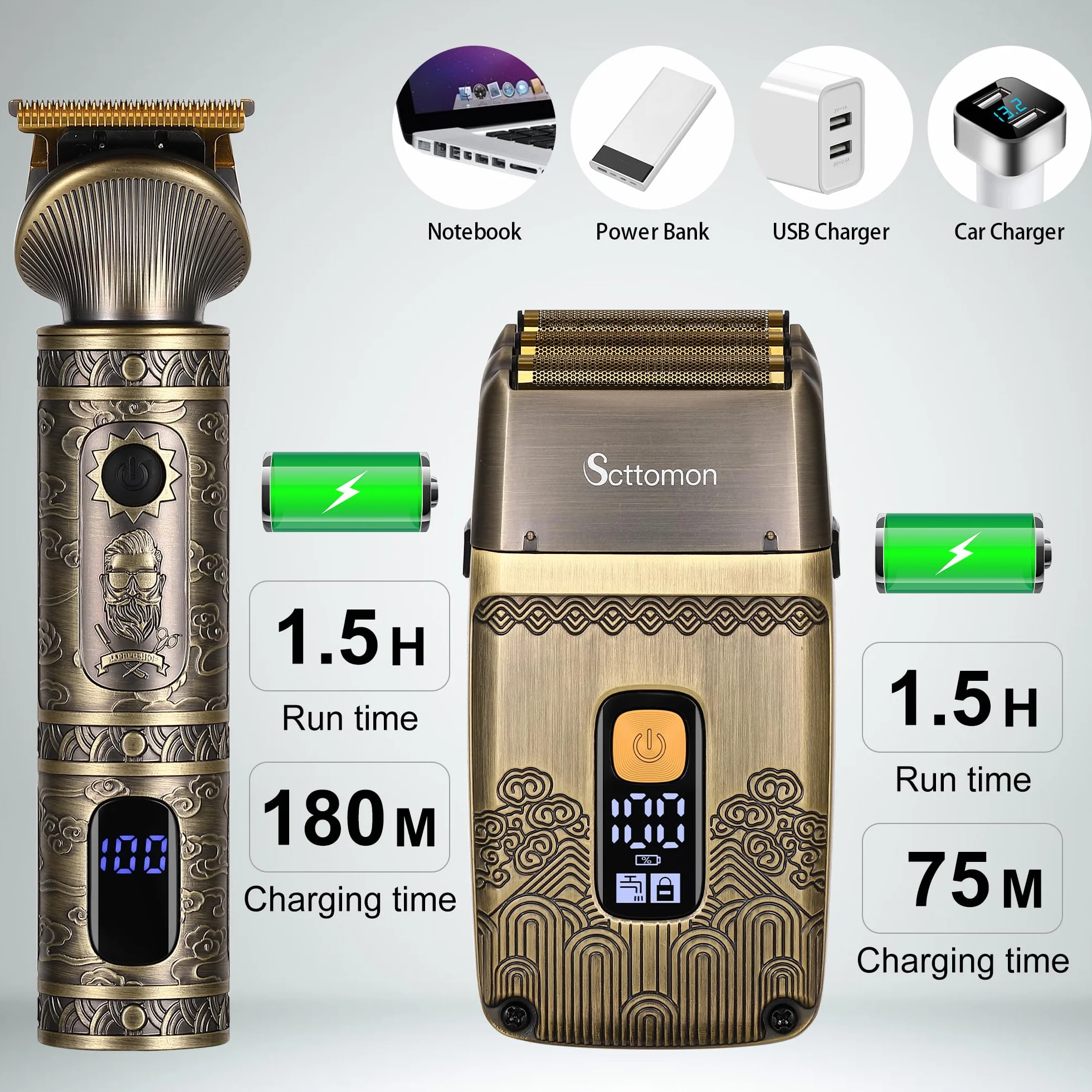 Scttomon Cortadora De Pelo Para Hombres T-Blade Recortadora De Barba Eléctrica Juego 3 Piezas