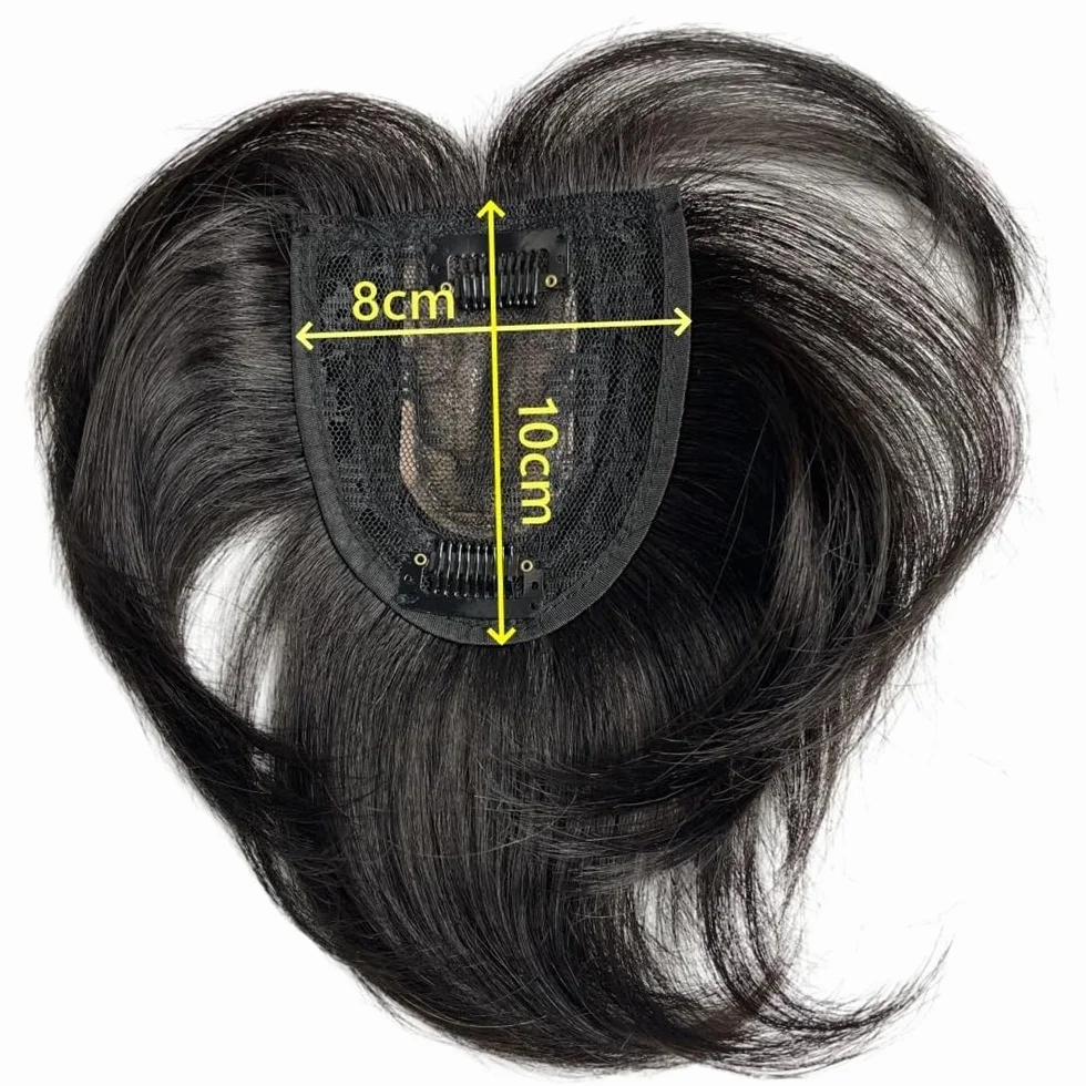 Extensiones de cabello humano natural de 8x10 cm for mujer, con clips finos y encaje suizo for cubrir la calvicie o las canas. 15 cm para mujeres encantadoras(Natural Black)