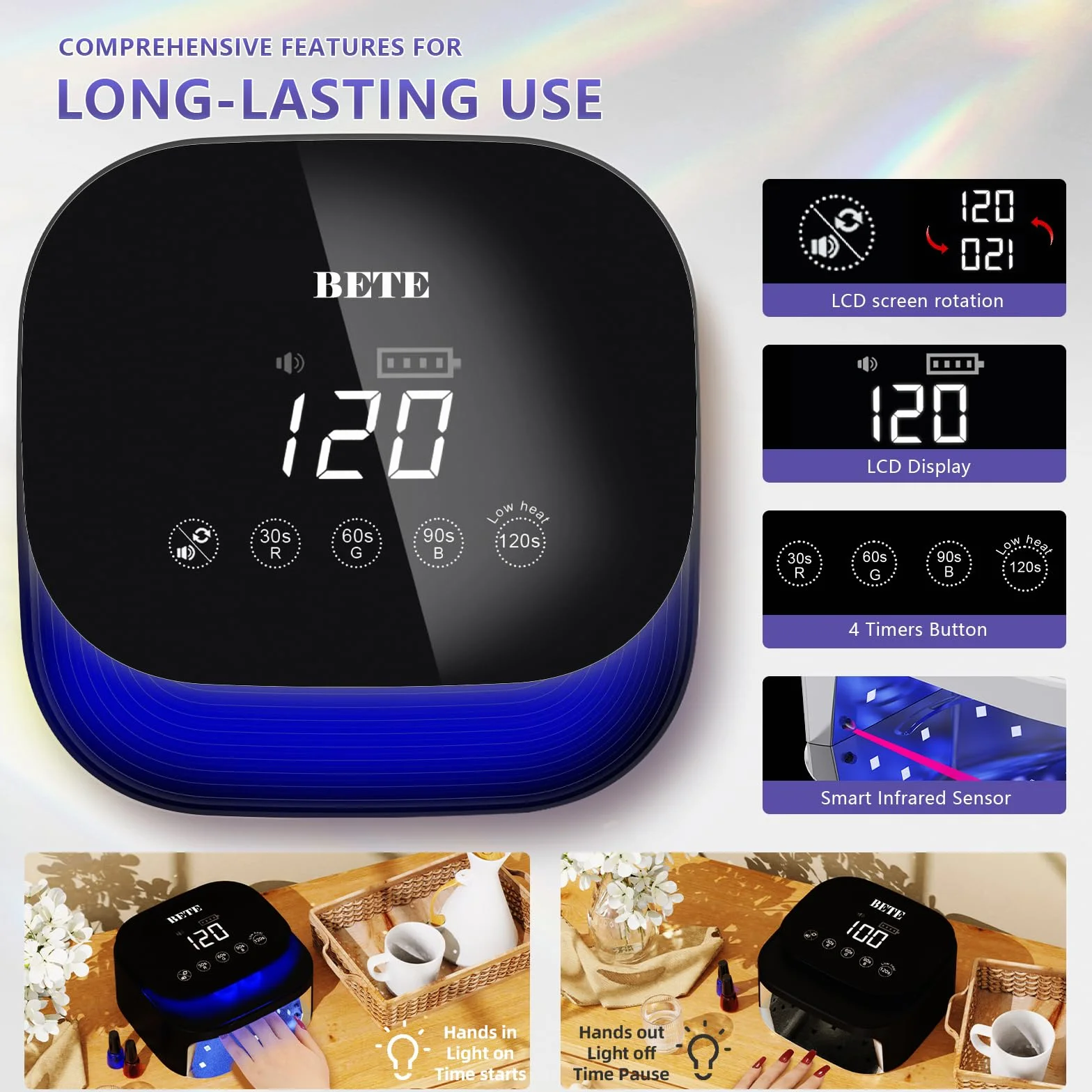‌Lámparas UV LED inalámbricas BETE 60W - Secador de esmalte gel recargable con sensor automático, 30 perlas y 4 ajustes de temporizador portátil para uso doméstico/salón Negro
