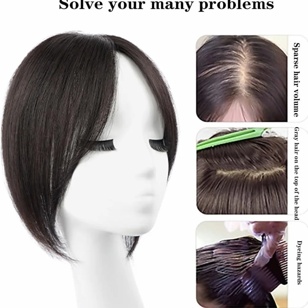 25 Cm Adornos for El Cabello Con Flequillo Francés Pedazo De Cabello Humano for Mujeres 7 X 10 Cm Base De Encaje Peluquín Extensiones De Cabello Con Cobertura De 360°(Black)