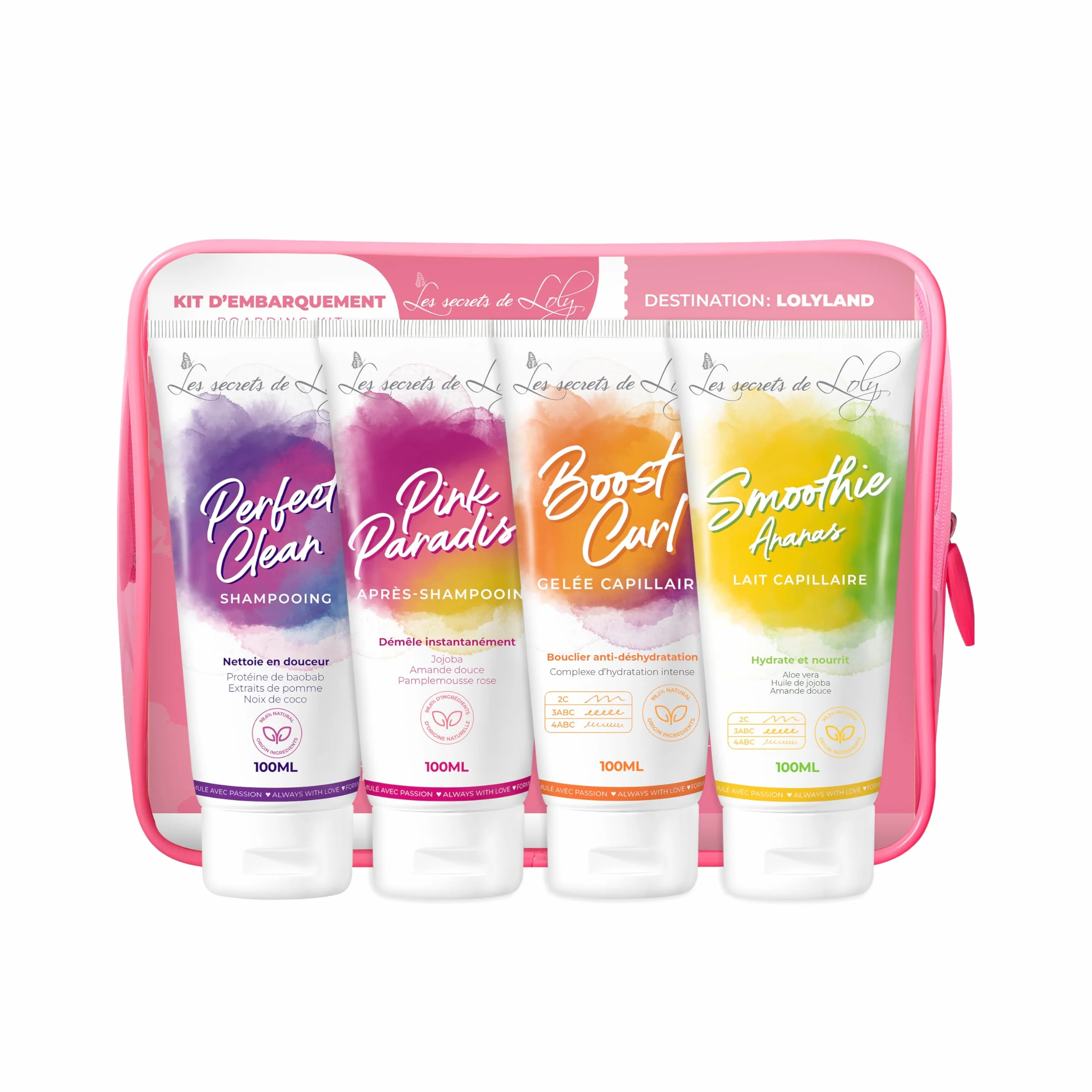 Les Secrets de Loly Estuche viaje cabello encrespado 4 productos aseo 100 ml Champú acondicionador gelatina leche capilar