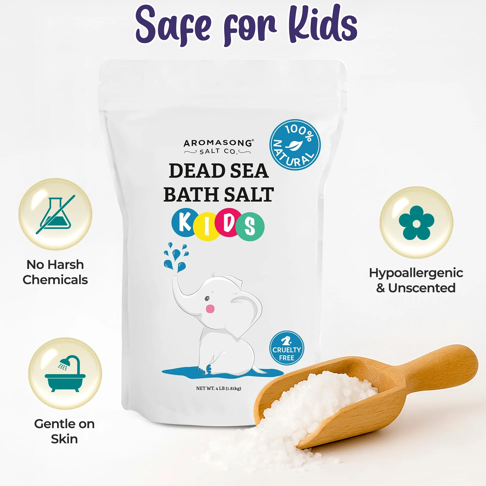 Aromasong Sal del Mar Muerto para niños, 4 libras. Paquete resellable grande de grano fino, 100% puro y natural.
