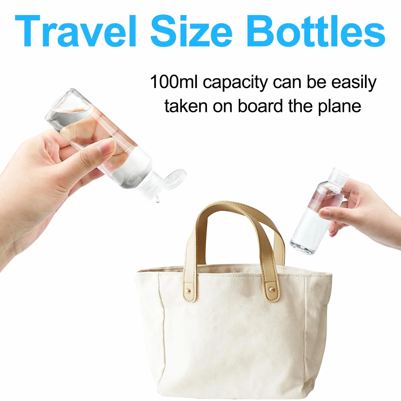 Botes Viaje Rellenables 100ml 10 Piezas, Botellas Avion Plastico con Embudos, Envases Transparentes para Gel Champu Locion