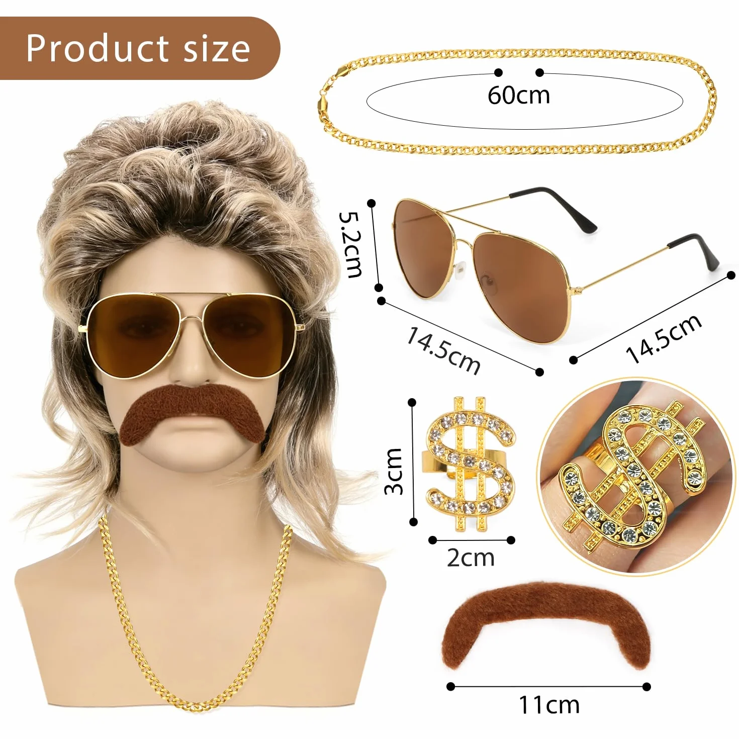 Meleager Peluca Mullet Hombre, Disfraz Ochentero, Juego 5 Accesorios Carnaval