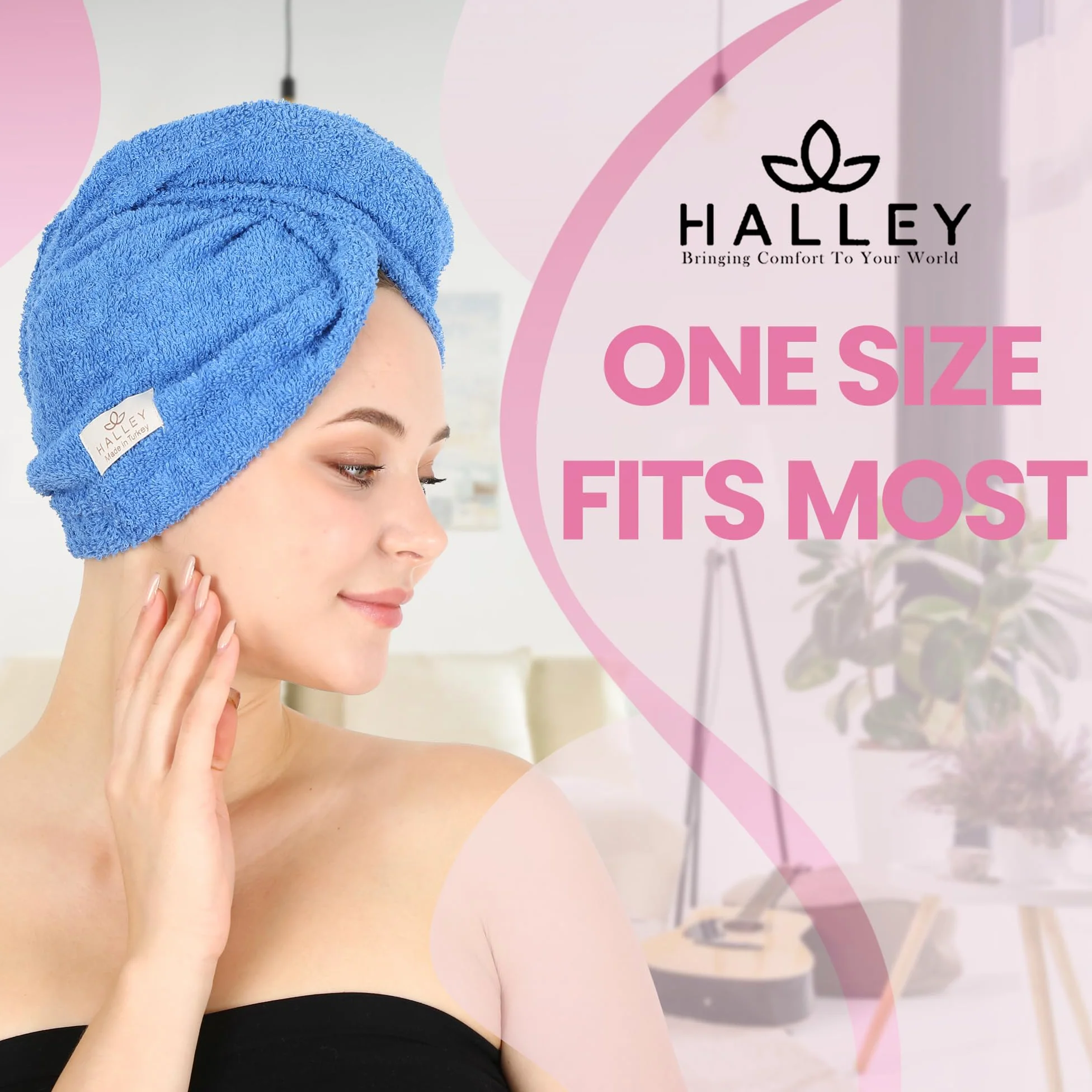 HALLEY Toalla de algodón para el cabello, 3 paquetes, súper absorbente, antiencrespamiento, de secado rápido, para cabello rizado, largo y grueso, turbantes para cabello húmedo con botón, toalla para