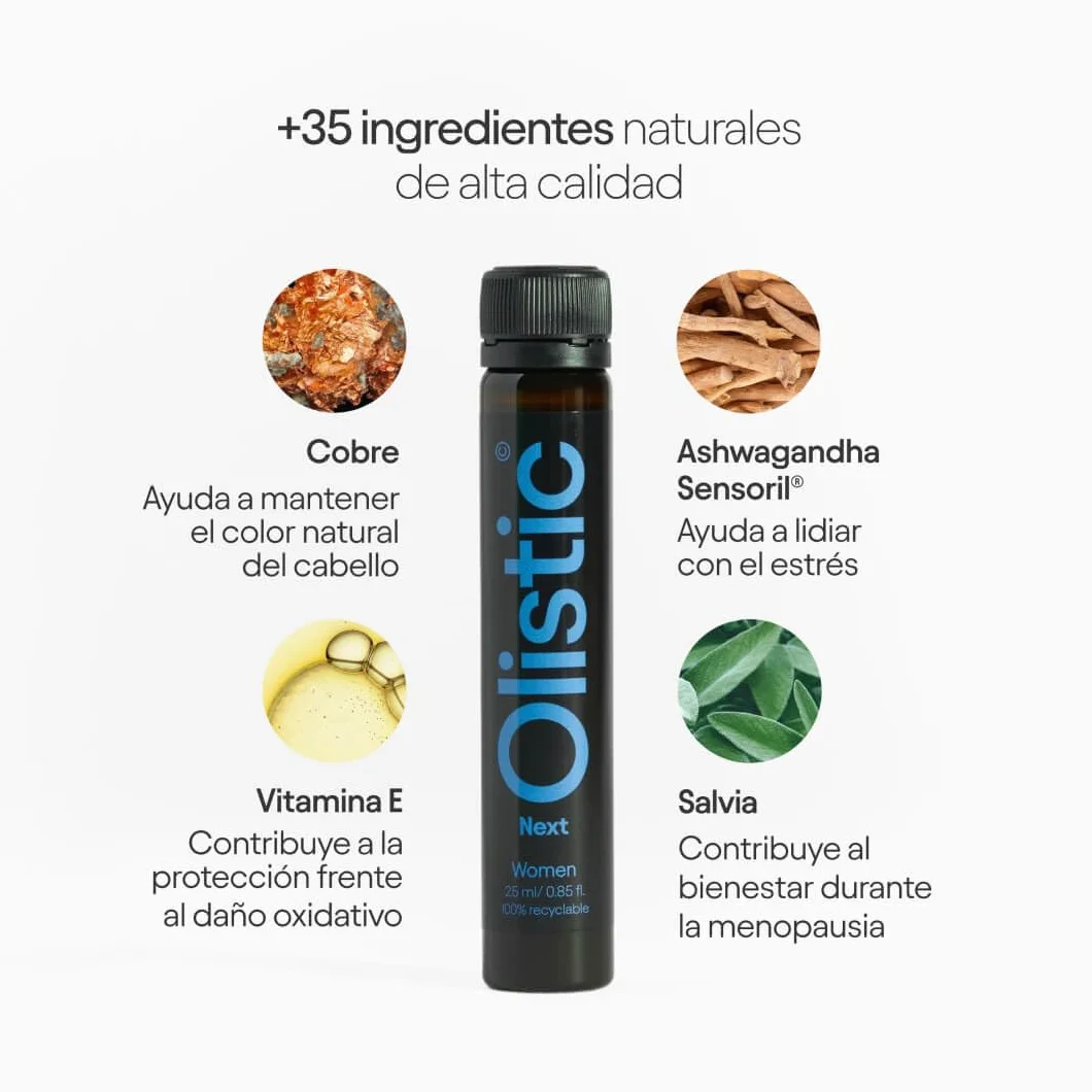 Olistic WOMEN NEXT Complemento Alimenticio Anticaída de Cabello Ingredientes Naturales Vitaminas Vegano Sin Gluten 28 Ampollas