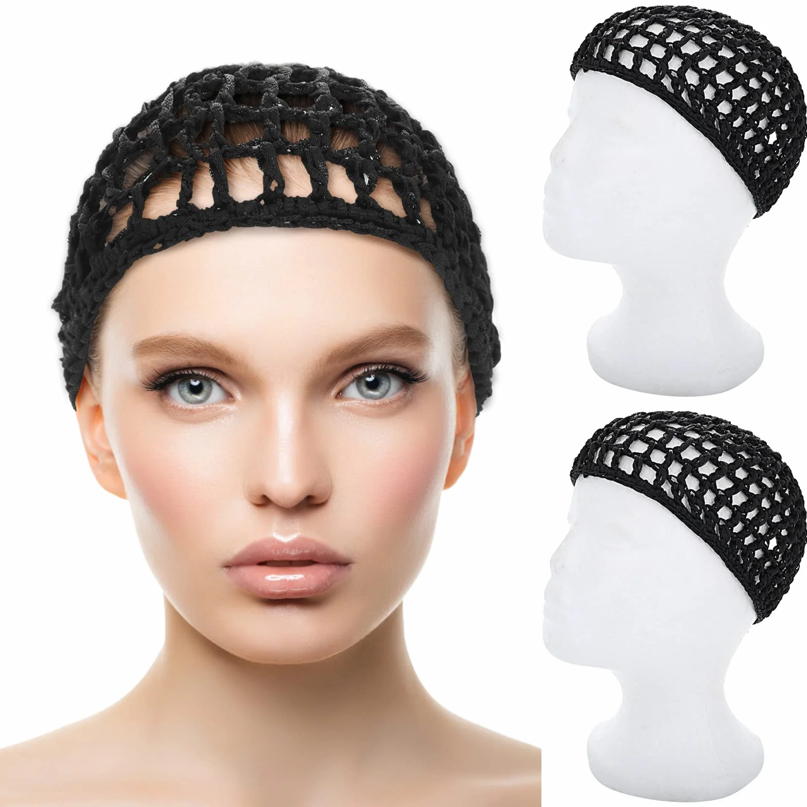 Redecillas para el cabello para dormir, gorros largos rectos rizados, protector de cabeza malla negra, moño correa levantamiento, para mujer
