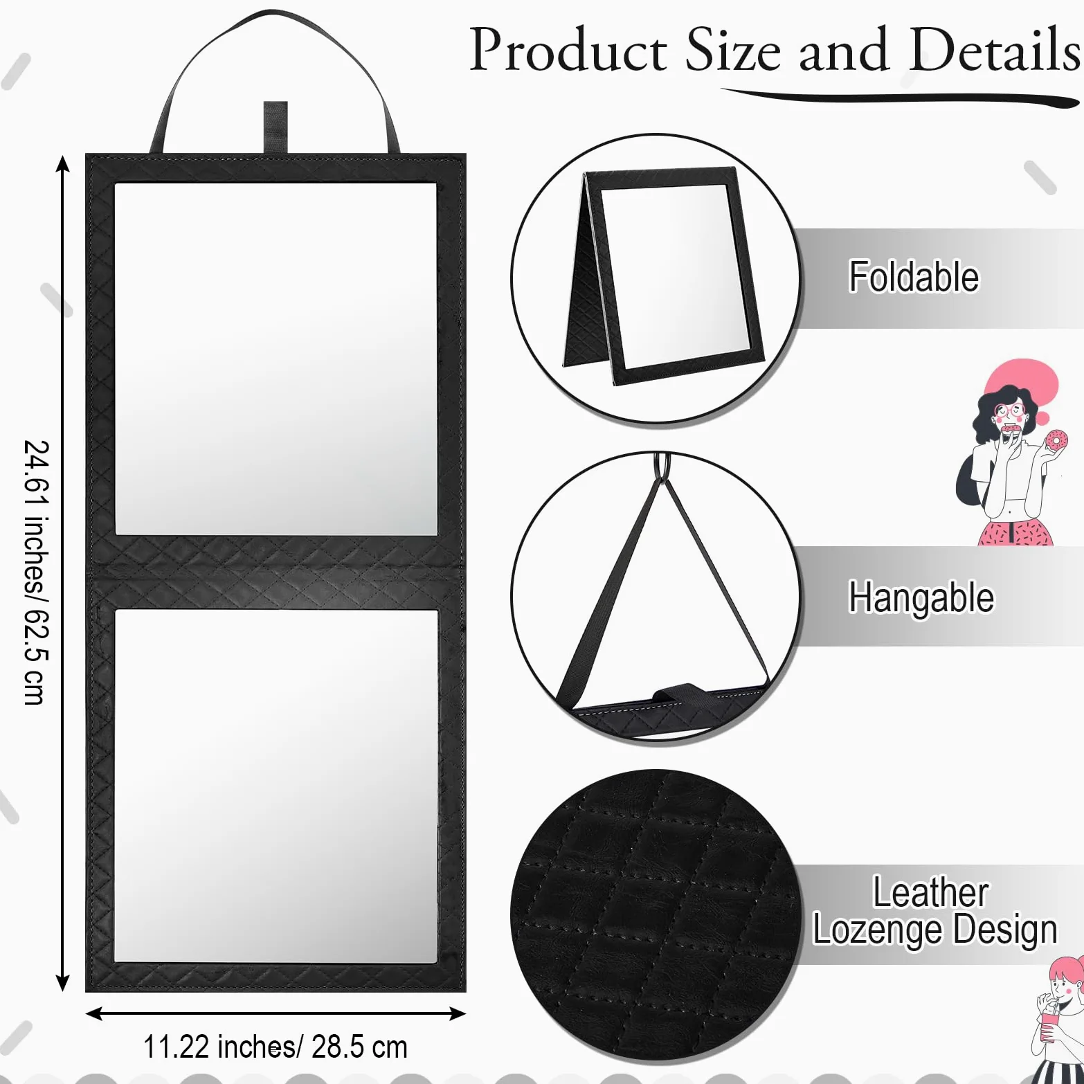 Colingmill Espejo plegable para detrás del escenario con asa, 24.61 x 11.22 pulgadas, espejo plegable de cuero, espejo rectangular para colgar para viajes, bolsa de baile, hogar, fitness, spa, regalo