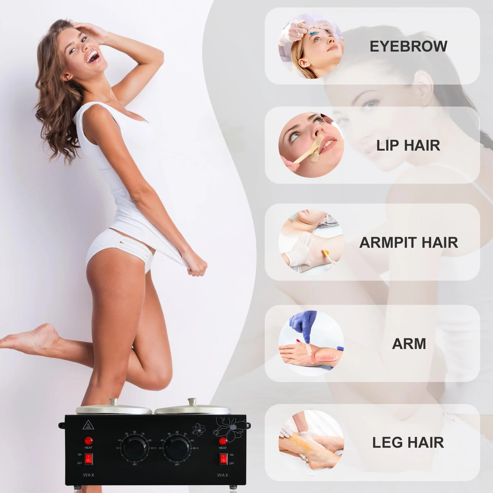 Calentador de cera negro con cuentas de cera derretida profesional para depilación, calentador de cera eléctrico rápido con juego de temperatura ajustable para mujeres (ollas dobles negras)