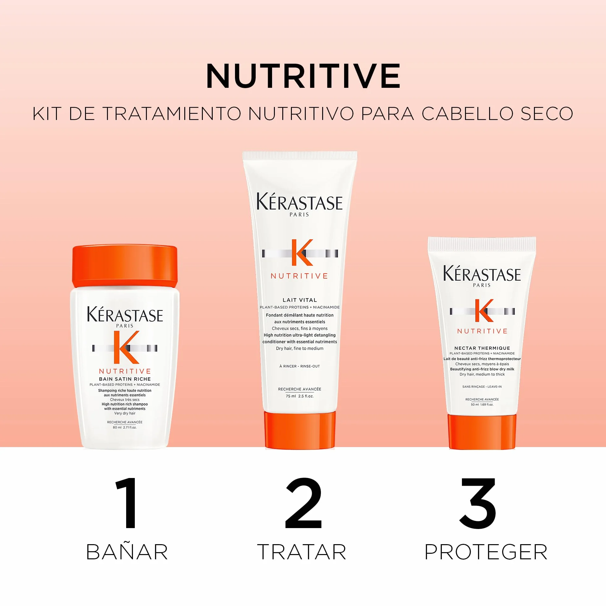 Kérastase Nutritive Kit Rutina Nutritiva Champú Bain Satin Riche 80ml Acondicionador Lait Vital 75ml Loción Nectar Thermique 50ml Cabello Seco