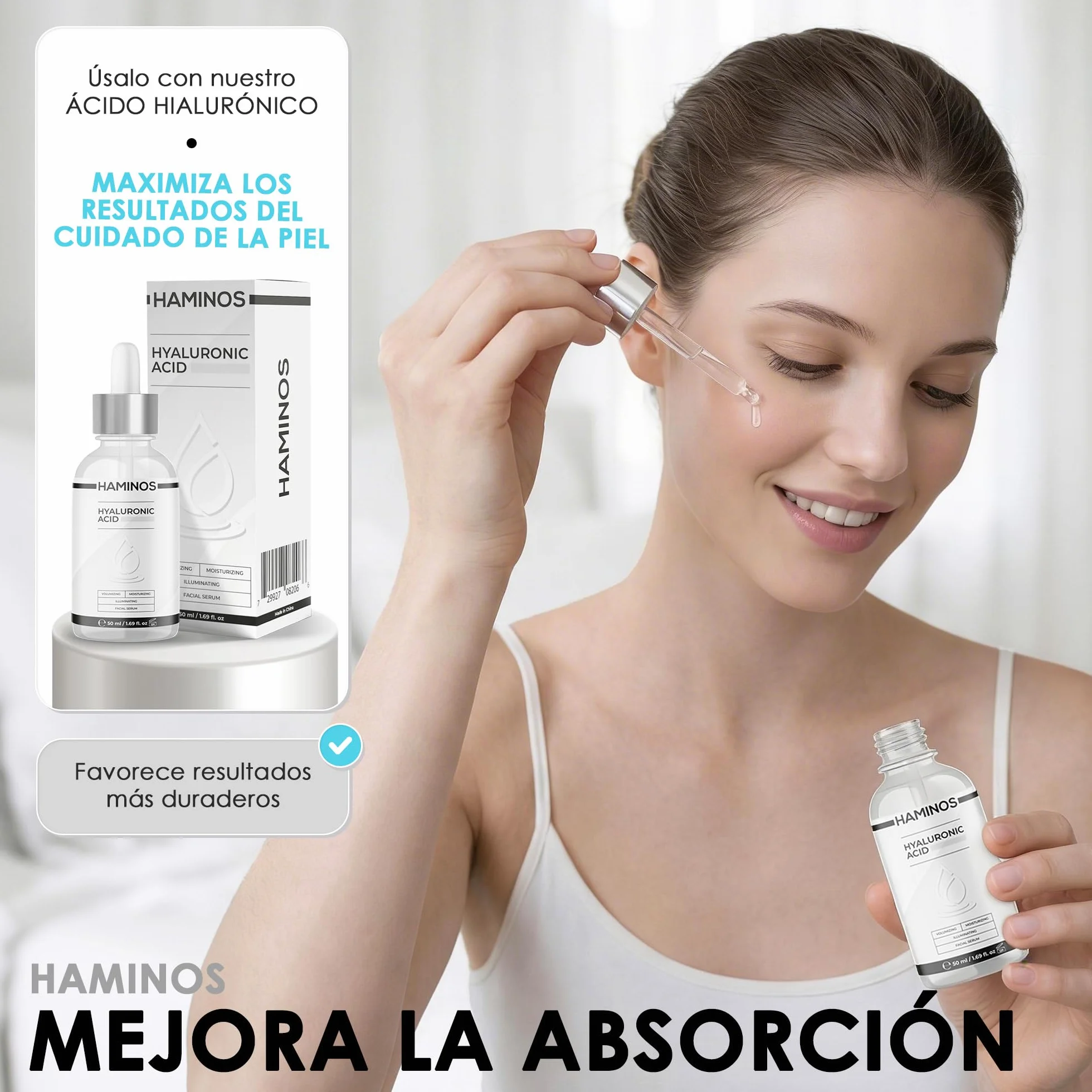 HAMINOS Masajeador Facial 4 en 1 con Calor, Vibración, Luz Roja y Azul, Función Iónica Galvánica, Recargable USB-C