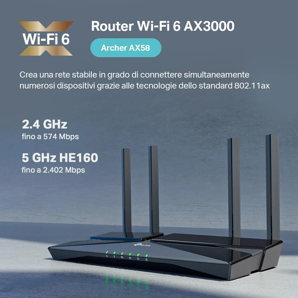 TP-Link Archer AX58 Router WiFi 6 AX3000 Doble Banda 2.4GHz/5GHz Gigabit WPA3 OFDMA OneMesh Negro