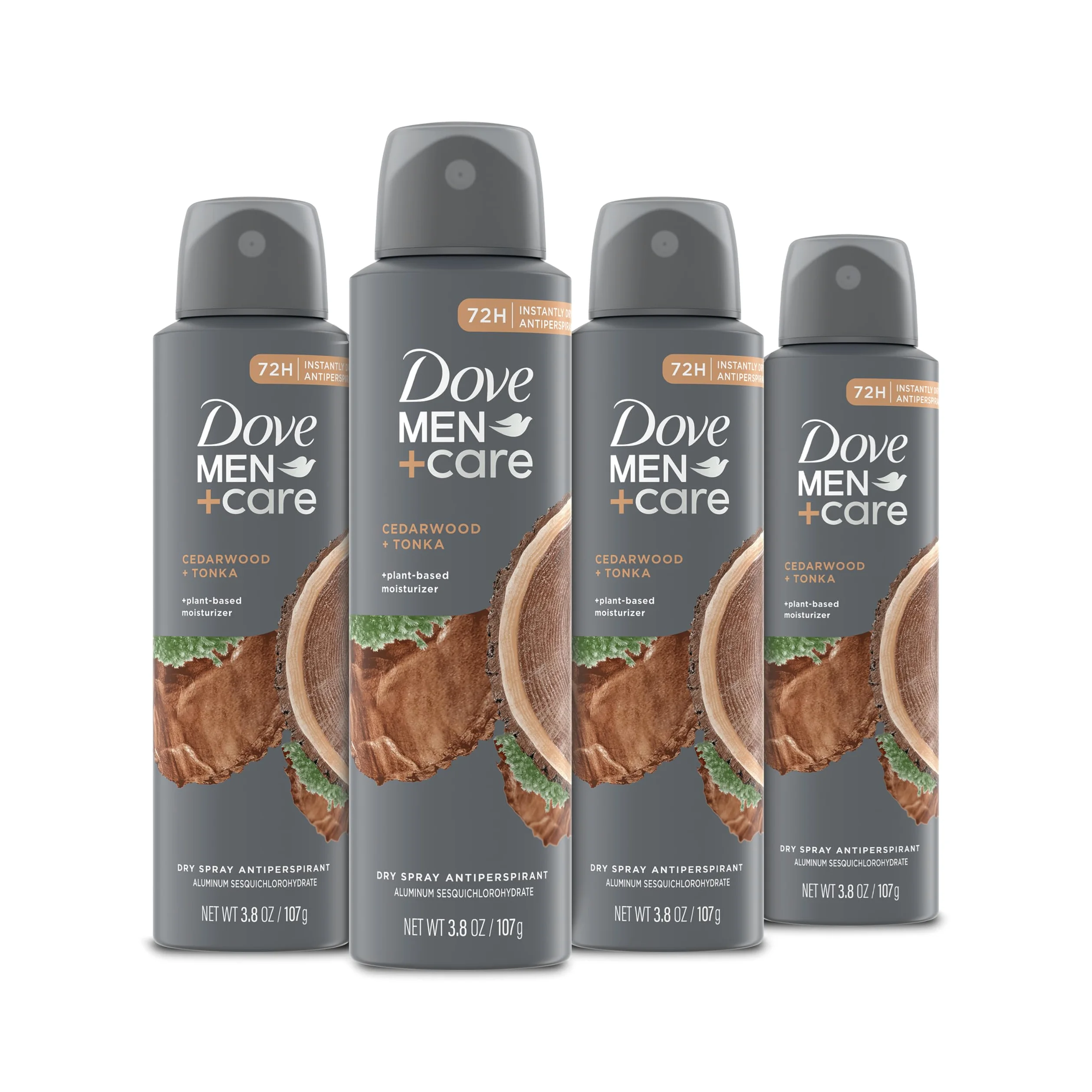 Dove Men+Care - Desodorante estimulante antitranspirante en aerosol seco, madera de cedro y frijoles tonka, 4 unidades, 48 horas, desodorante de protección contra olores para hombres, hidratante a