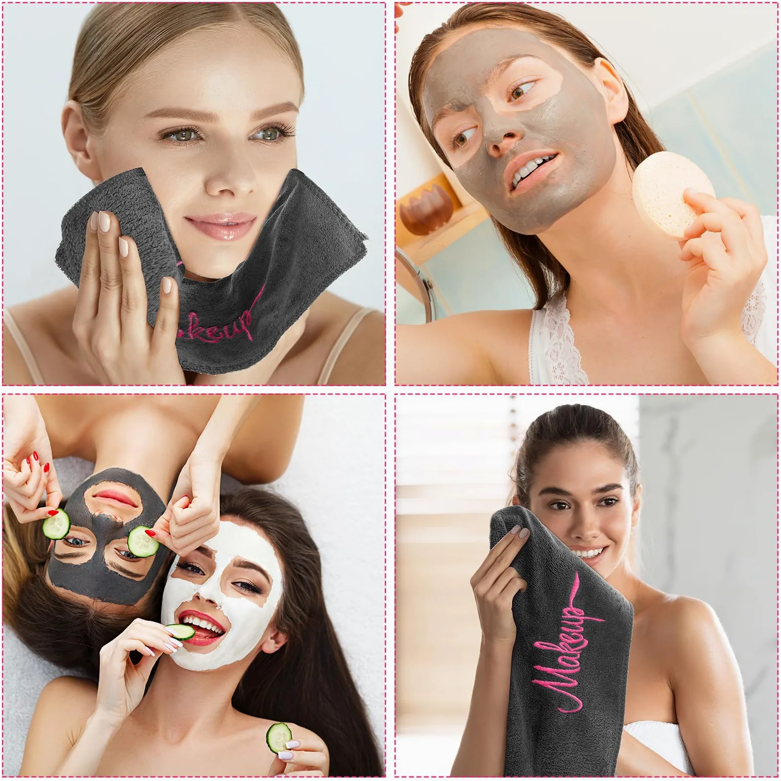 Preboun Paquete de 96 paños desmaquillantes, toallas de maquillaje de 13 x 13 pulgadas, toallas faciales de microfibra suave a granel, paños de maquillaje reutilizables con bordado de maquillaje para