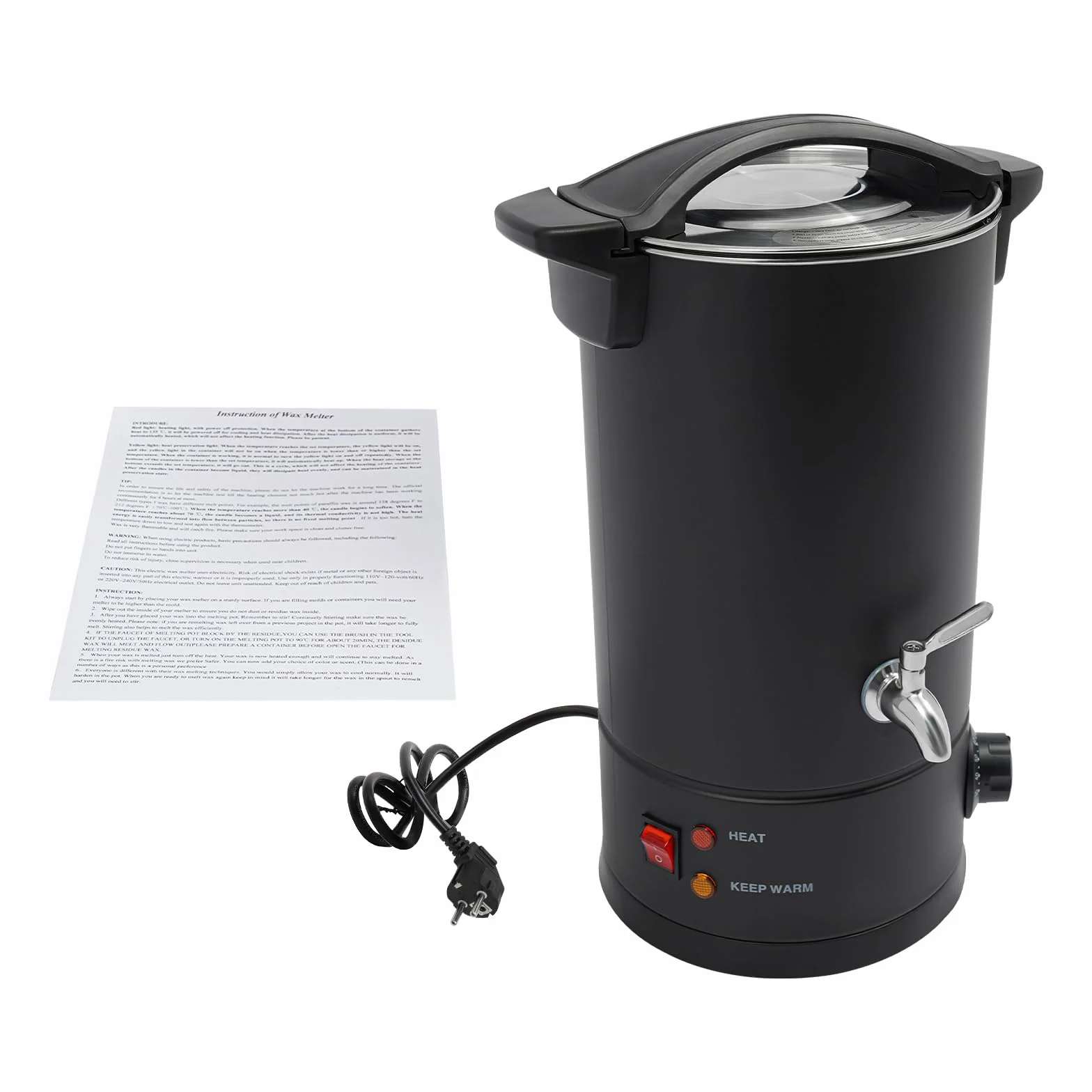 Derretidor de cera eléctrico, 10 L, 1800 W, 220 – 240 V, con enchufe europeo, acero inoxidable SUS304, 30 – 110 °C, grifo, calefacción/mantenimiento caliente para cera de vela