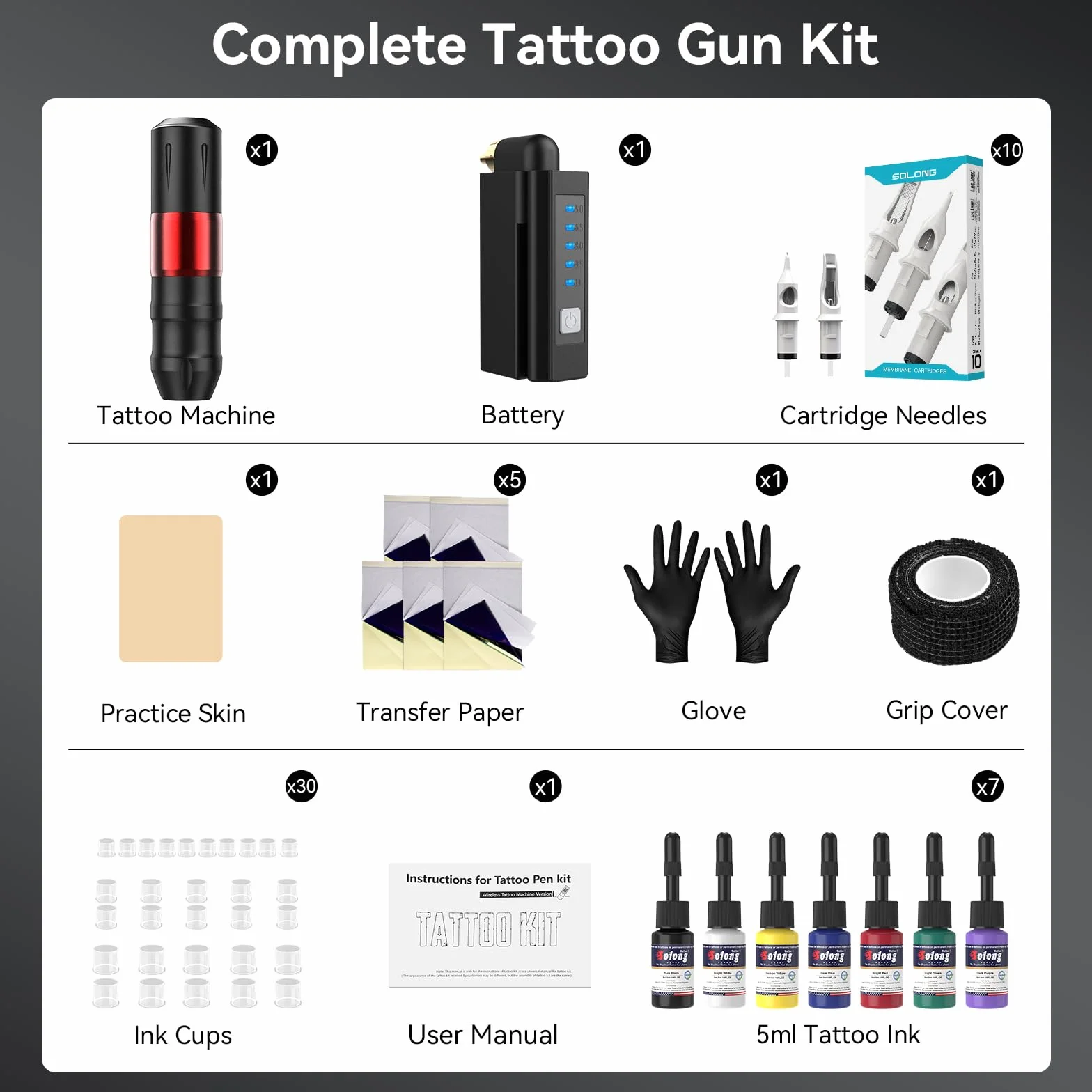 Kit de Tatuaje Profesional Solong - Máquina Rotativa, Incluye 10 Agujas, 7 Tintas y Batería 1500mAh. Ideal para Principiantes y Profesionales. EF-TKP752BEU-2