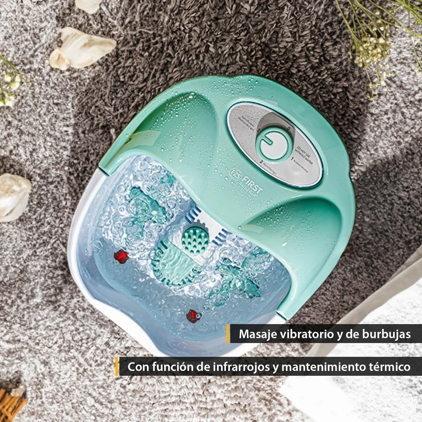 TZS First Austria Spa de pies, masaje con vibración y burbujas de aire, función de infrarrojos y calor, baño de pies, 80 W, 3 programas, 3 accesorios, mango plegable, caja de aromas
