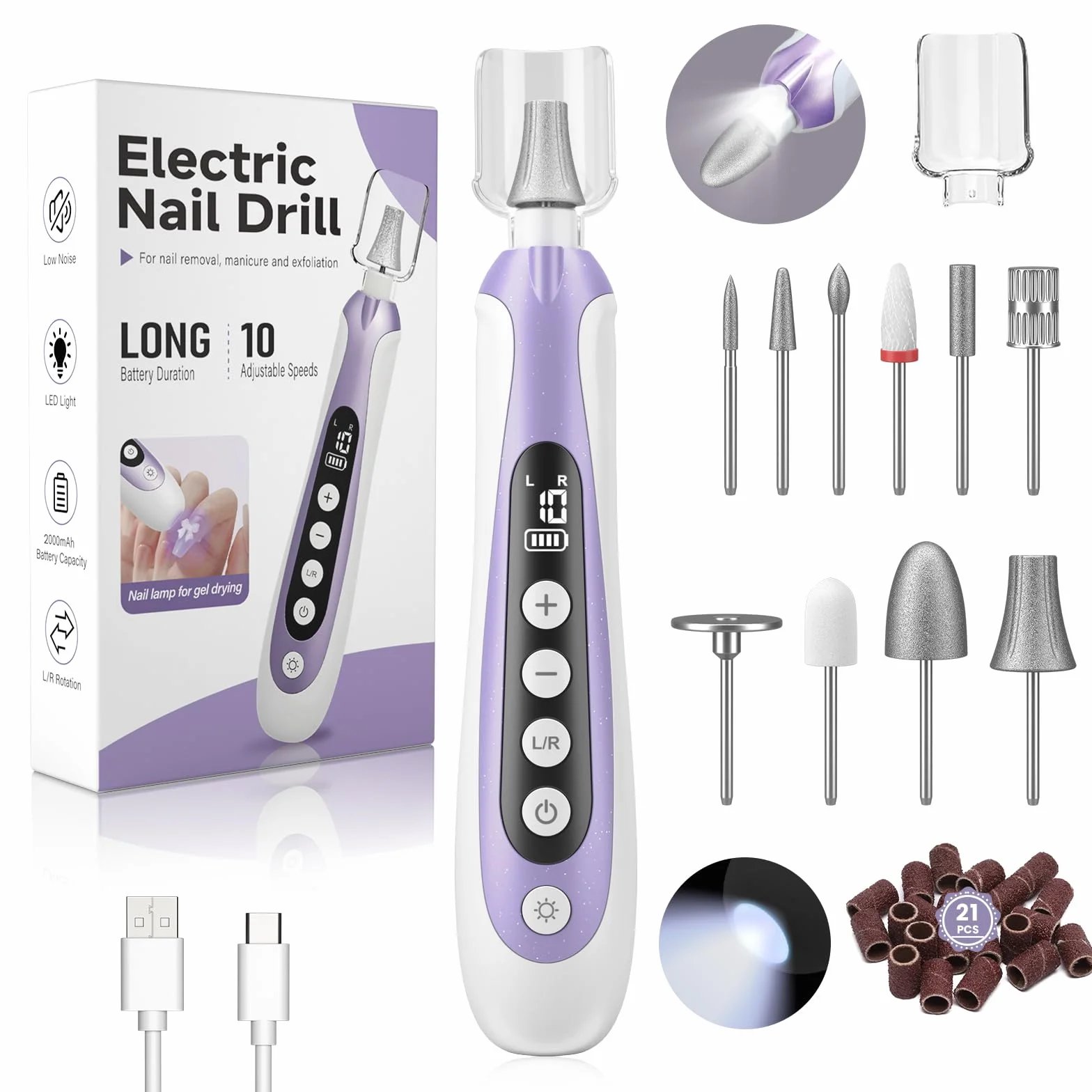 Taladro de uñas, lima de uñas eléctrica y lima de uñas inalámbrica de 10 velocidades, kit 10 en 1 para uñas gruesas, kit de manicura y pedicura portátil recargable de 2000 mAh con pantalla LED, regalo
