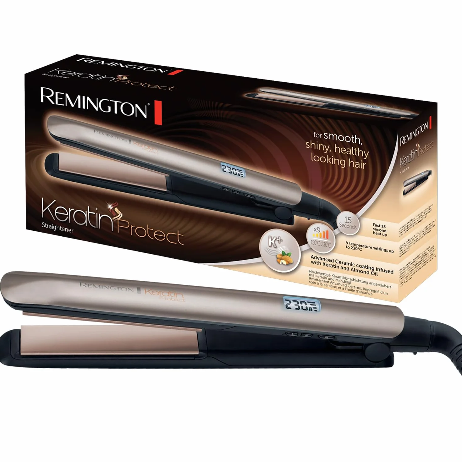 Remington Plancha de Pelo Keratin Protect Cerámica 230°C Digital Marrón S8540