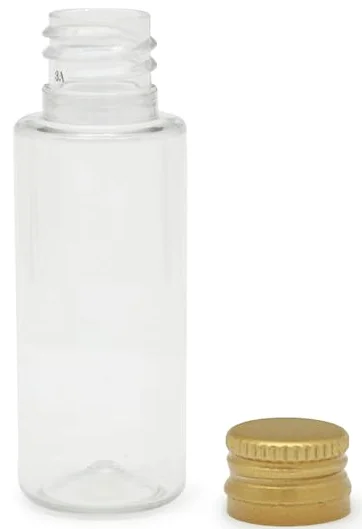Botella cilíndrica PET con tapón rosca dorado | Envase mini ideal para muestras y esencias aromáticas. Set cosmético creativo. Uso múltiple.