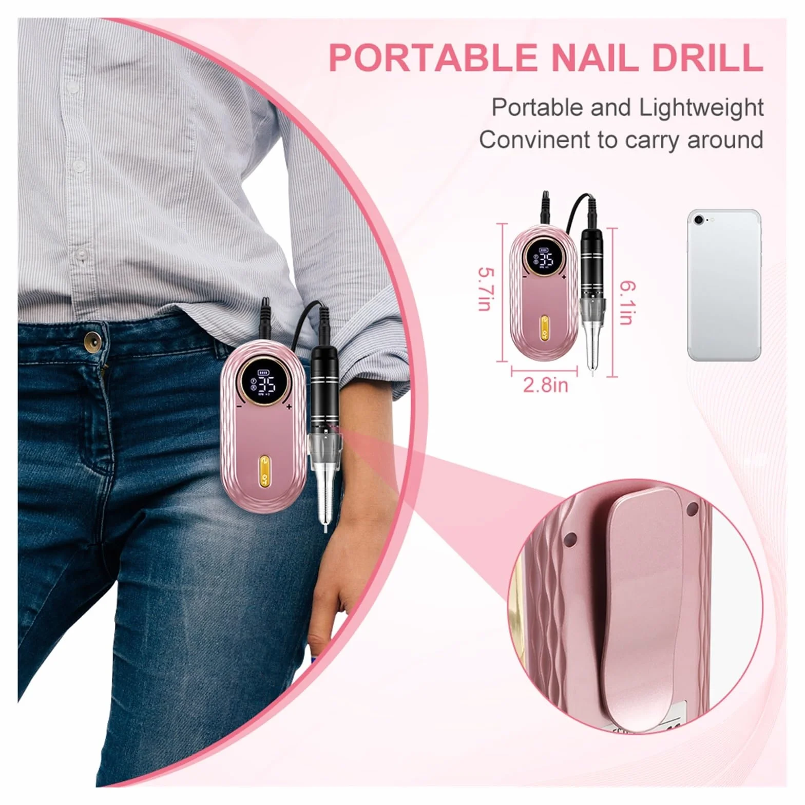Torno para Uñas, Taladro de uñas de 35000RPM, pantalla LCD, portátil, recargable for herramientas de manicura y pedicura, equipo profesional for uñas(Nero)