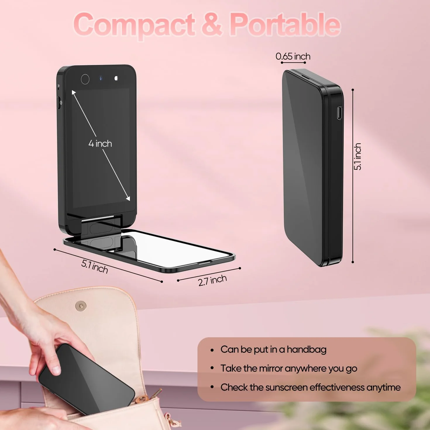 Espejo UV compacto de doble cara 10.16 cm para protector solar y maquillaje de viaje (negro oscuro)