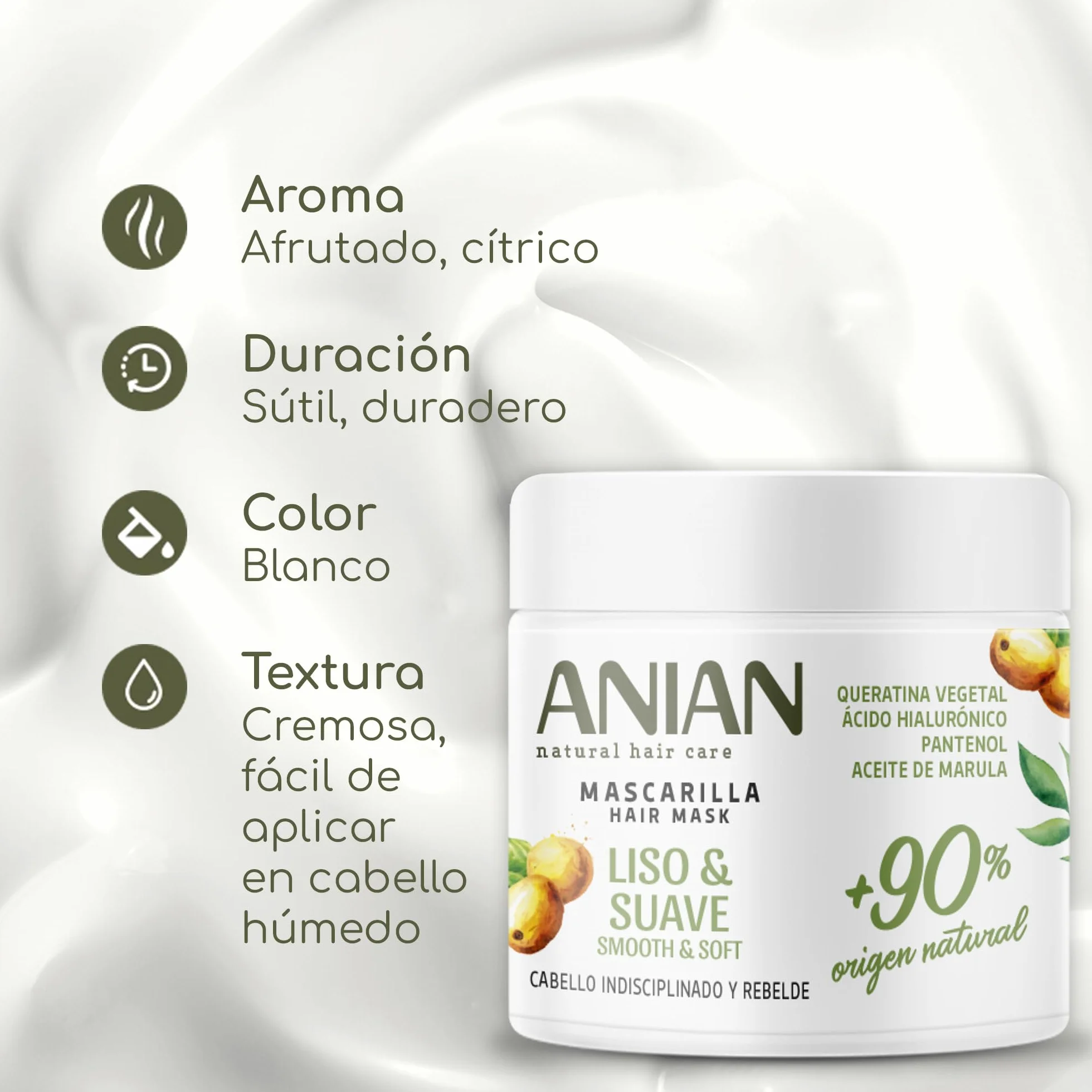 ANIAN Mascarilla Liso y Suave 350 ml para Cabello Indisciplinado con Aceite de Marula Queratina Vegetal
