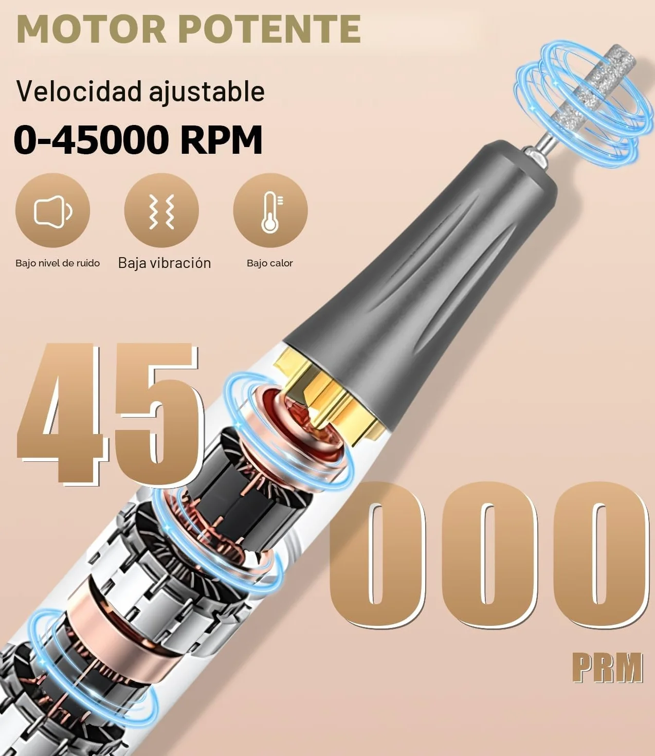 45,000RPM Torno para Uñas Profesional, Lima Electrica Uñas, Velocidad Ajustable,Set de Accesorios para Manicura y Pedicura con Brocas de Cerámica,para Uso Doméstico Salones de Uñas, Oro Rosa