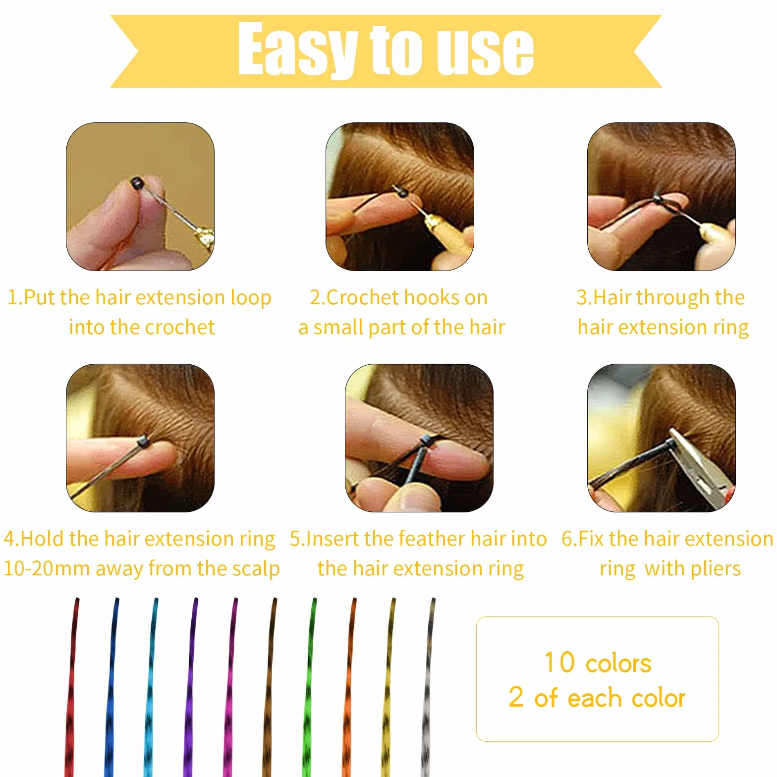 Extensiones de Pelo Plumas, Kit de Extensión con Cuentas para Mujeres - Cabello Sintético de Colores