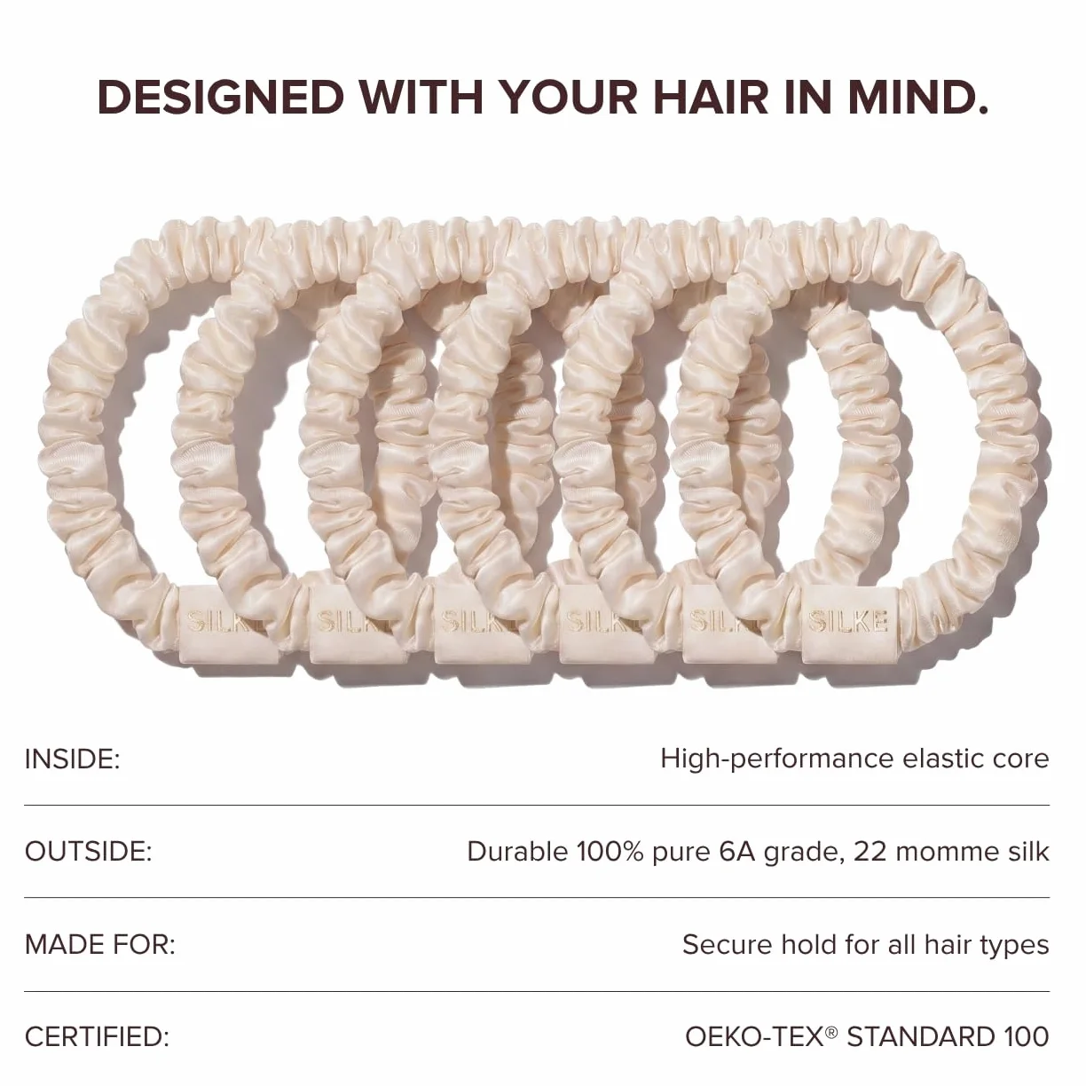 SILKE - Cintas para el cabello, coco, 100 % seda de lujo para el cabello, paquete de 6, lazos de seda para el cabello, sin daños, coleteros para mujeres, para todo tipo de cabello y estilos