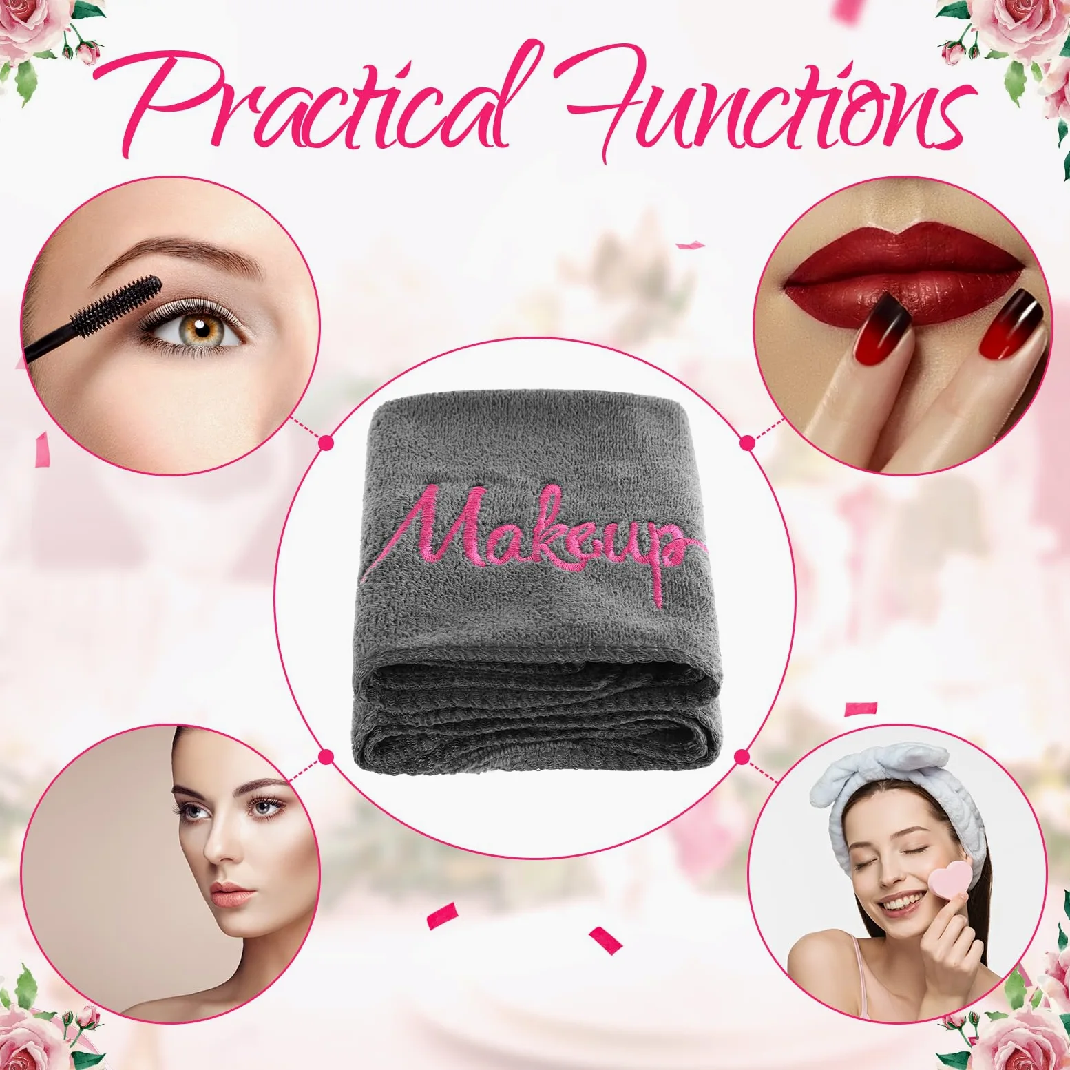 Preboun Paquete de 96 paños desmaquillantes, toallas de maquillaje de 13 x 13 pulgadas, toallas faciales de microfibra suave a granel, paños de maquillaje reutilizables con bordado de maquillaje para
