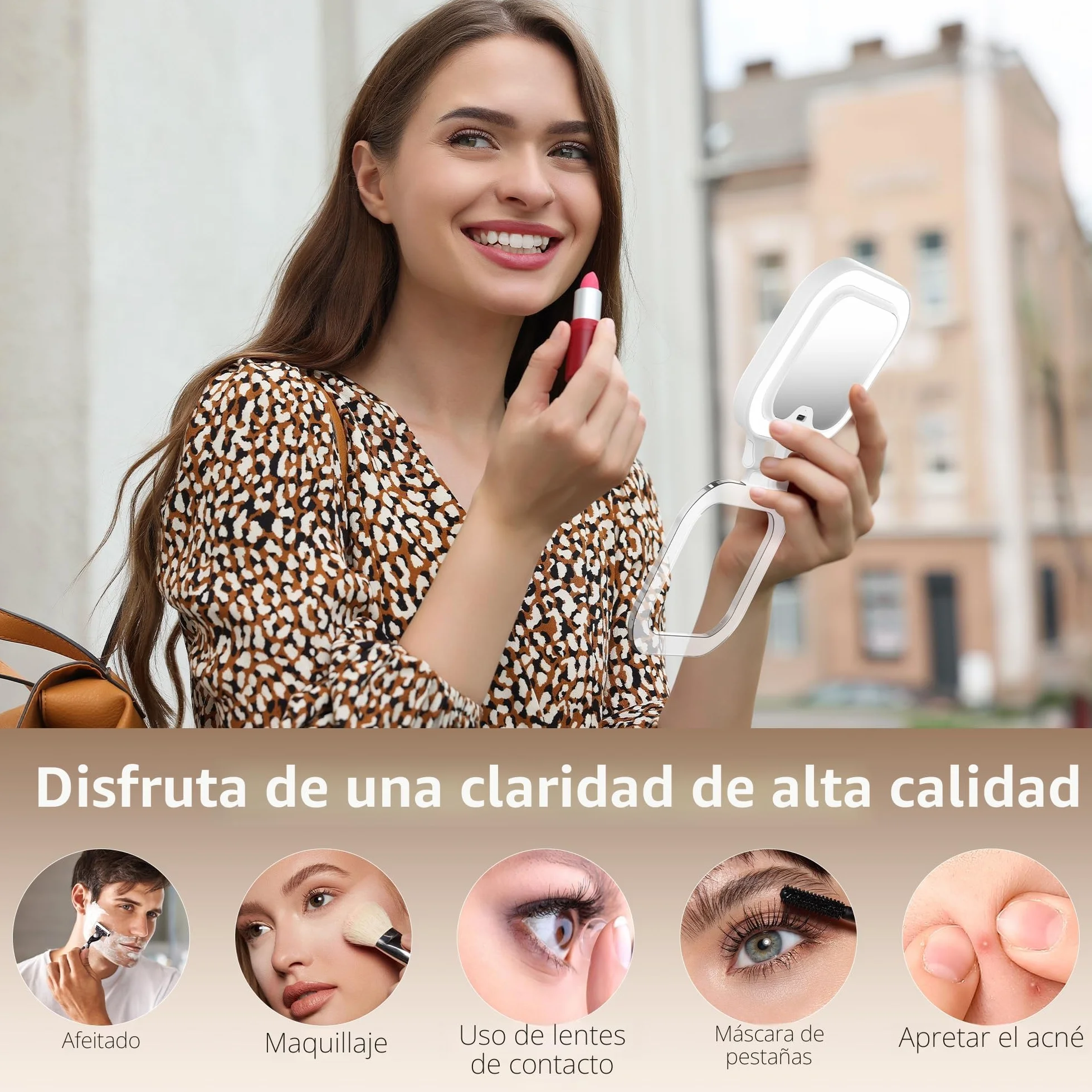 WEILY Espejo Maquillaje con Luz, 1X/10X Doble Cara Aumento, Espejo de Viaje con 3 Luces de Color y Control Táctil, Recargable USB Blanco