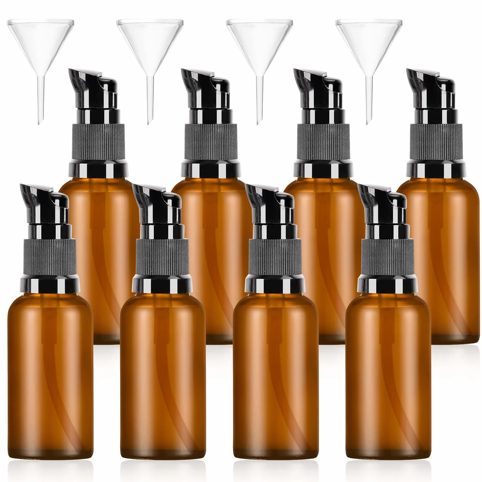 Botellas de Vidrio Ambar 30ml con Bomba, Dispensadores de Vidrio Marrón, Vacías Rellenables para Aceite Esencial, Viaje Crema Loción, 8 Pcs con Embudos