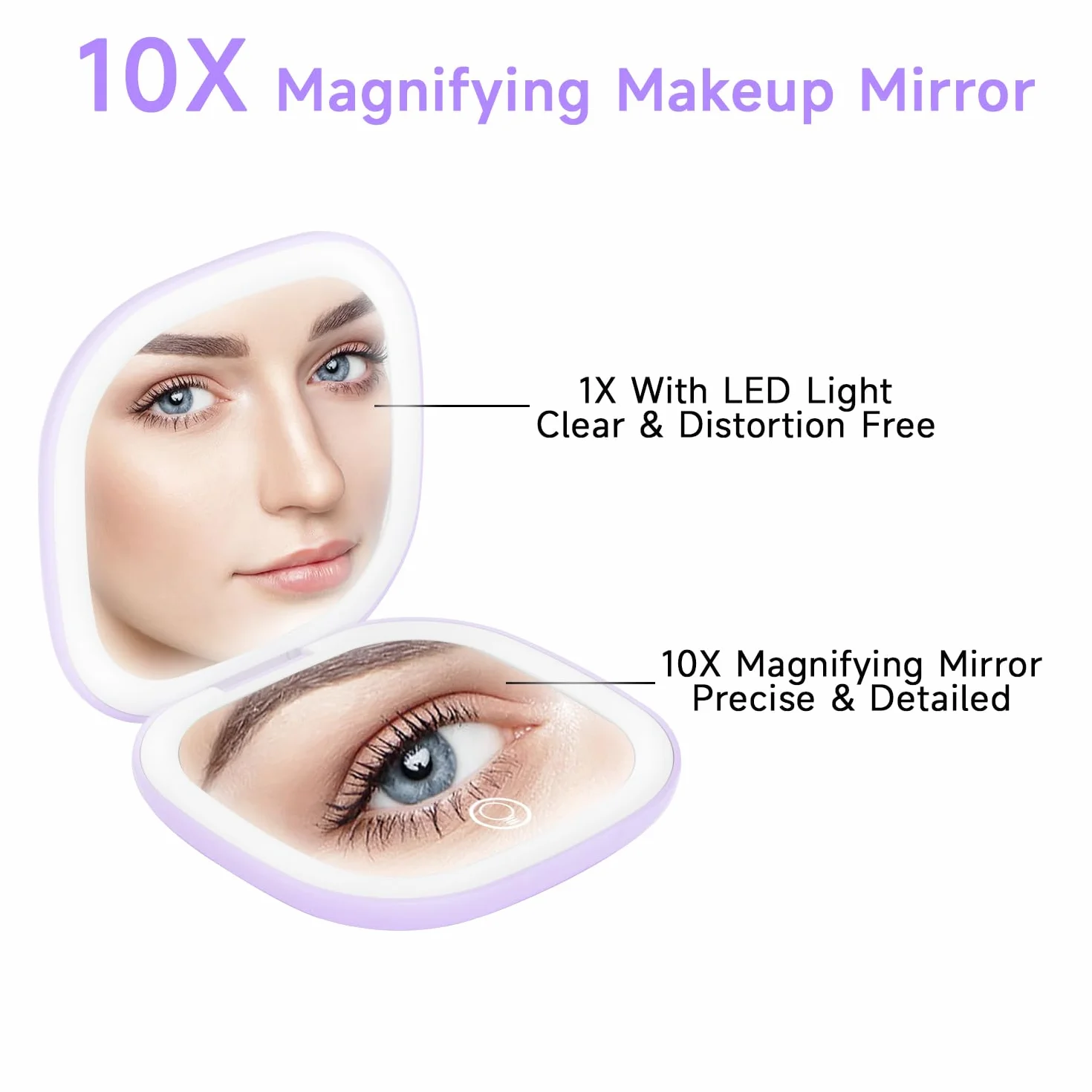 QUMOX Espejo de Maquillaje Compacto con Luz 10X Recargable USB-C LED 3 Modos de Color Brillo Regulable