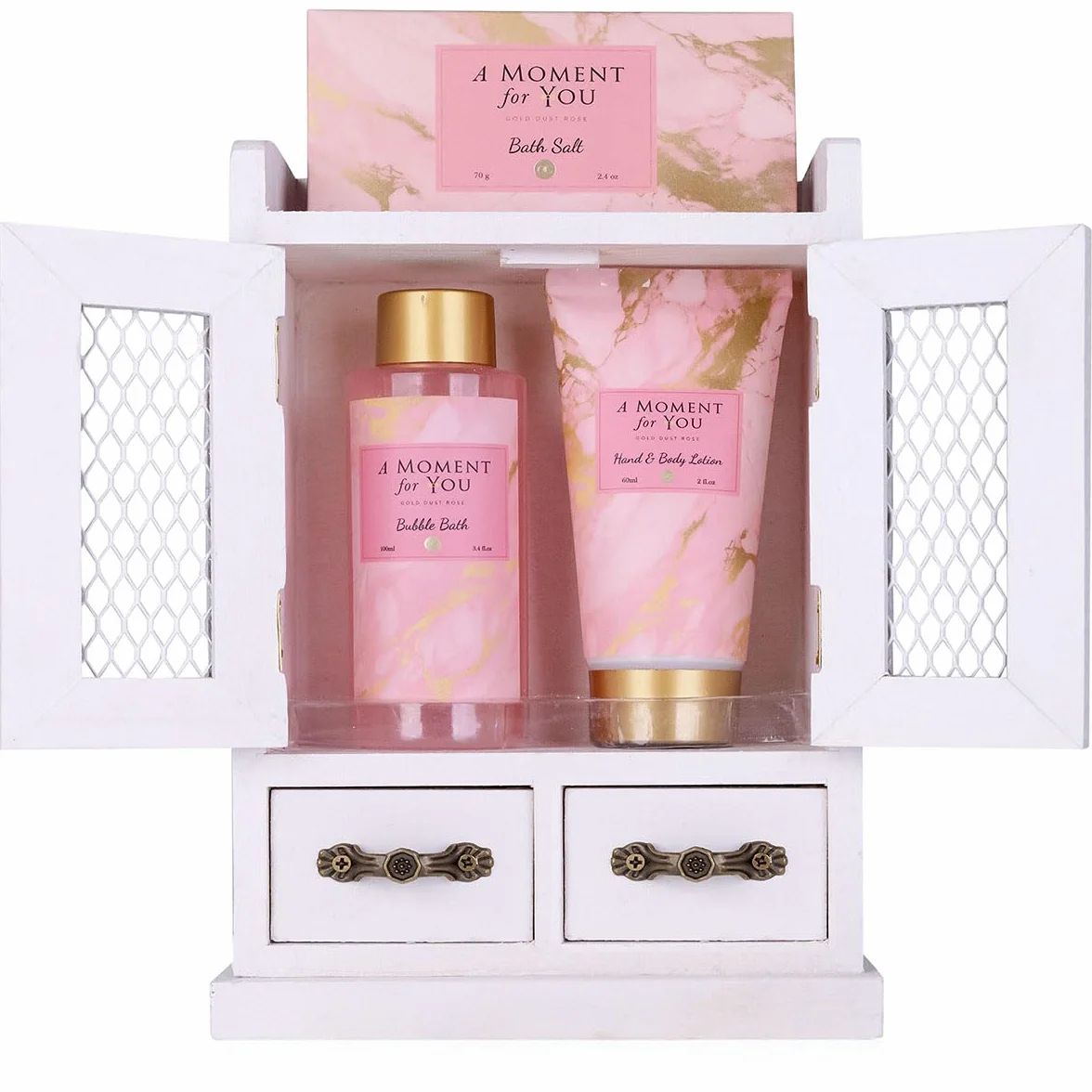 Accentra Set de regalo para mujer A Moment for you Set de belleza con baño de espuma loción corporal y sales de baño en armario de madera decorativo