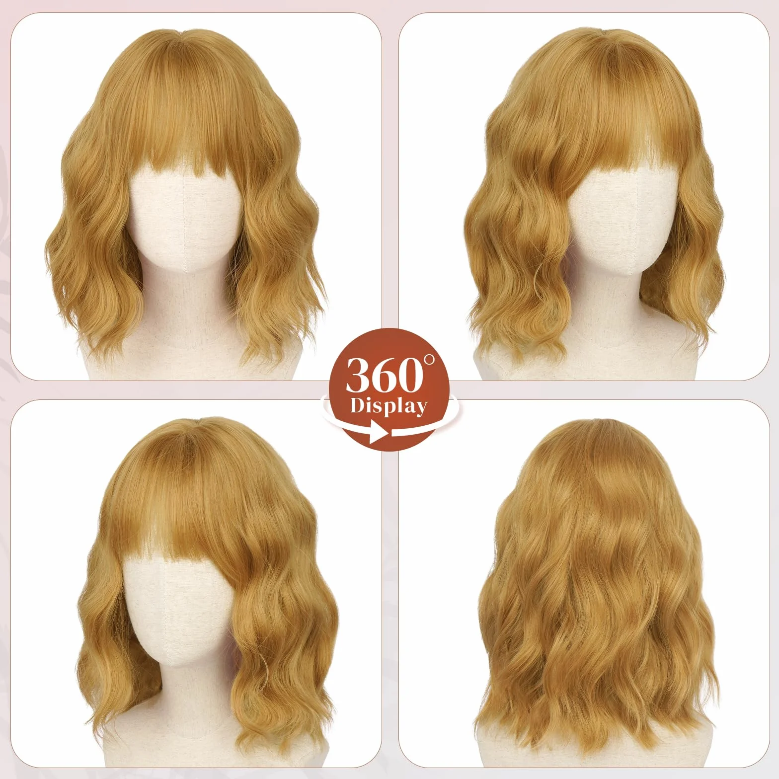 Peluca pelo Natural Amarillo Jengibre 35 cm con Flequillo Rizada Ondulada Bob Corta Sintética