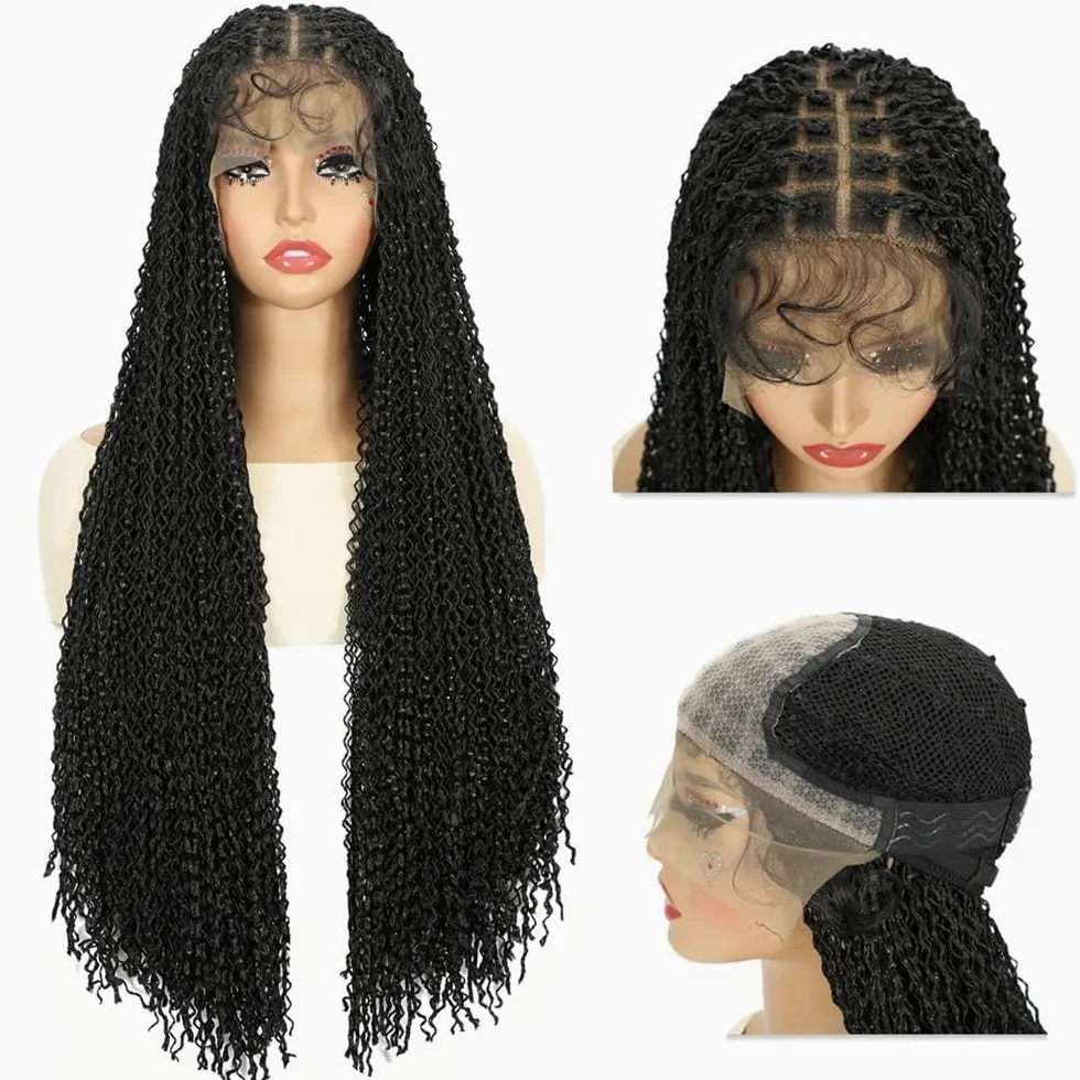 Pelucas trenzadas boho sin nudos, peluca trenzada sintética larga con frente de encaje HD de 13x4 '' for mujeres(Brown,20 inch)