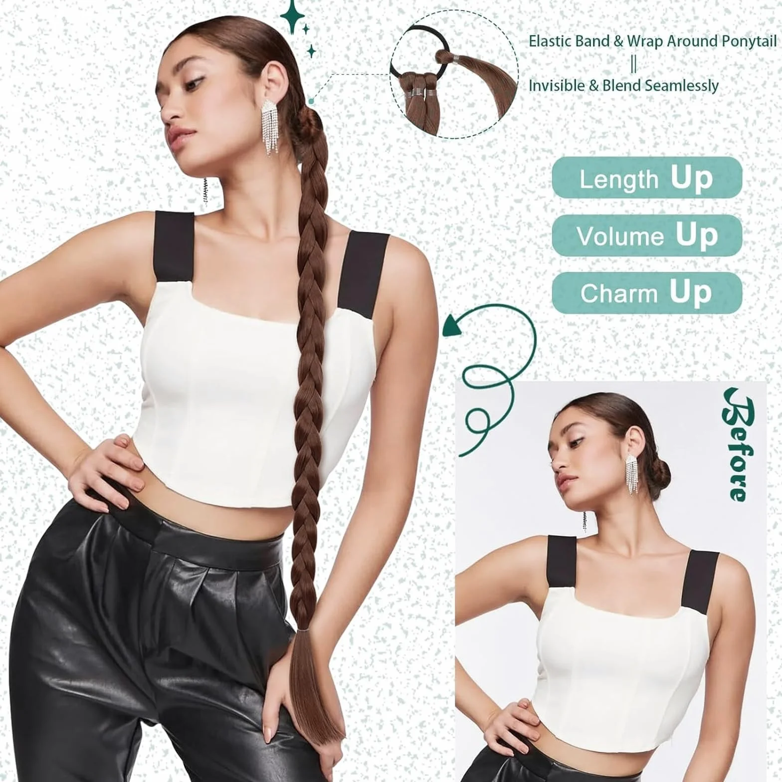 Wekuw Extensiones de pelo natural marrón para cola de caballo y trenzas