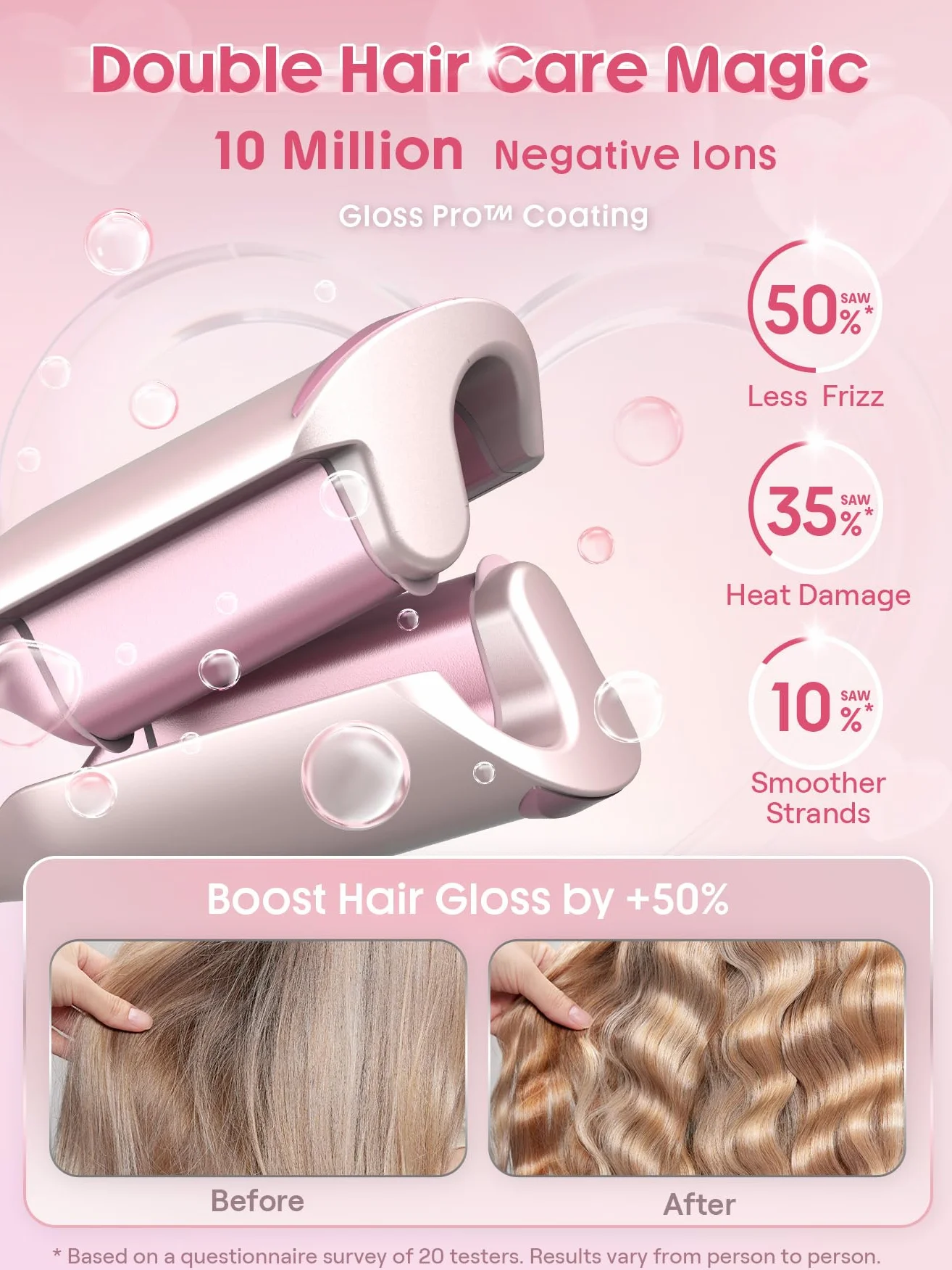 SHEGLAM Rizador Doble Barril Rosa - Ondas Beach Waves, 5 Temperaturas, Anti-Quemaduras, Doble Voltaje (25mm)